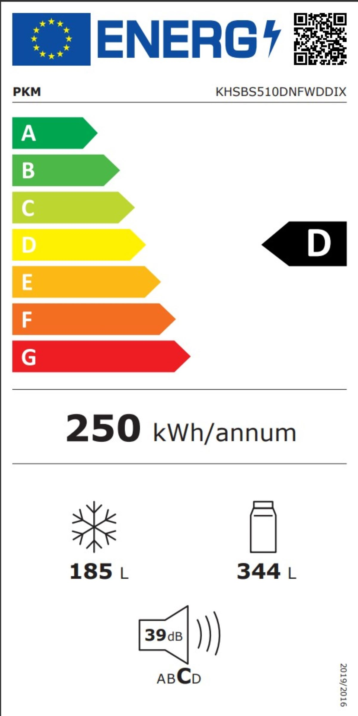 Energielabel für einen PKM-Kühlschrank, das die Energieeffizienzklasse D anzeigt.