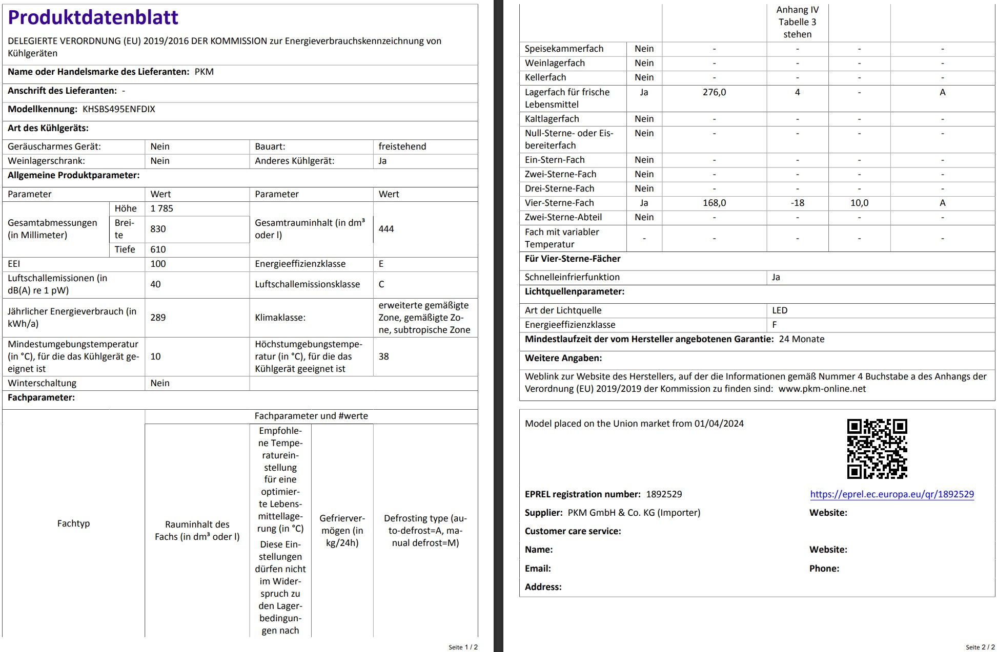 Produktdatenblatt für einen Kühlschrank. Enthält verschiedene Spezifikationen und Details.