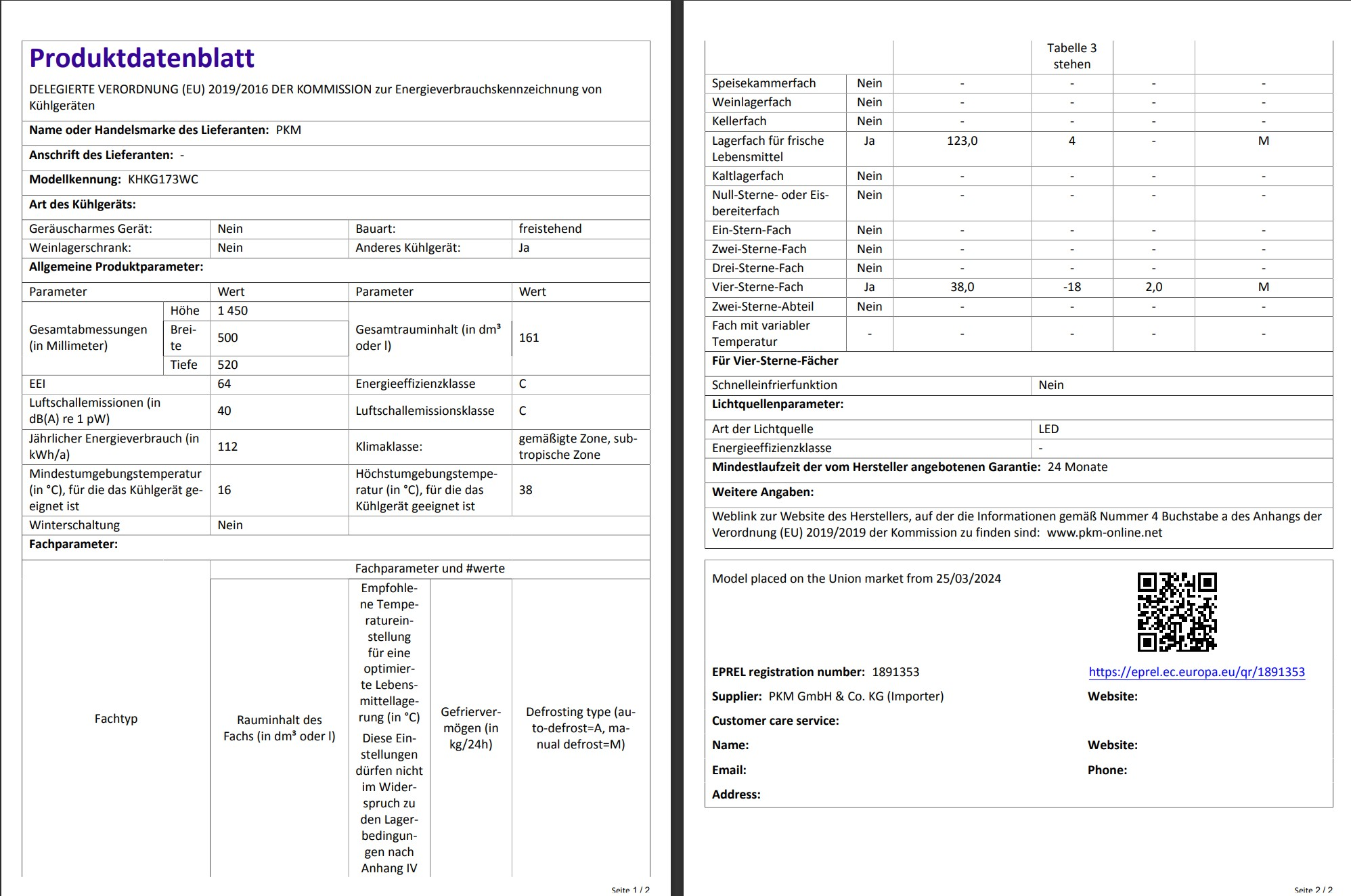 Ein detailliertes Produktdokument in deutscher Sprache mit technischen Spezifikationen und Daten, einschließlich einer EPREL-Registrierungsnummer.