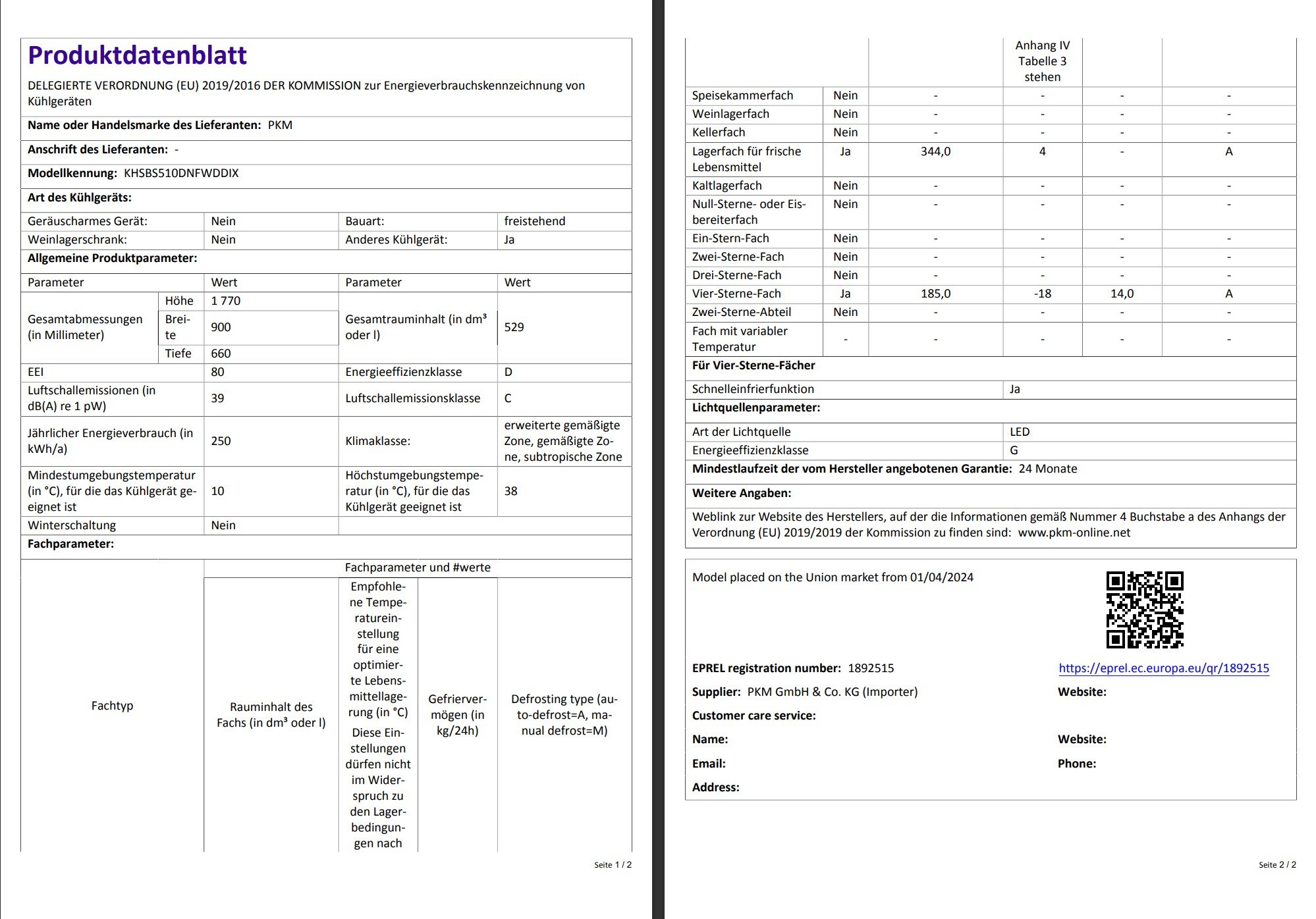 Zweiseitiges Dokument mit Kühlschrankspezifikationen und Energieeffizienz. Enthält Tabellen und Diagramme.
