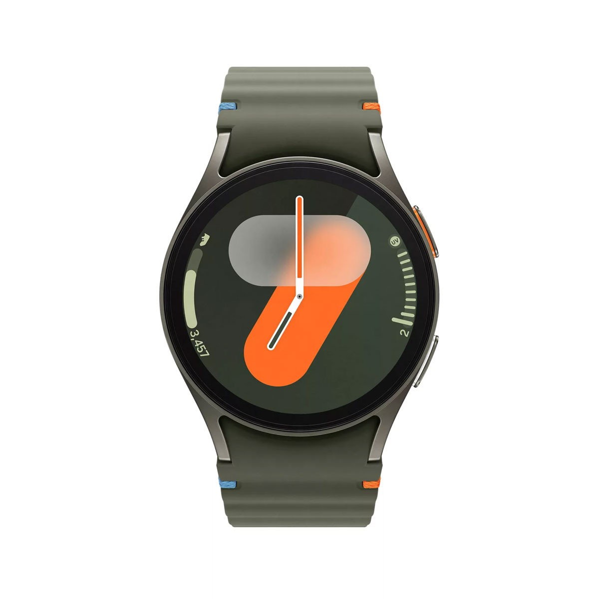 Smartwatch con correa gris oscuro, esfera verde con detalles naranjas y blancos y hora mostrada.
