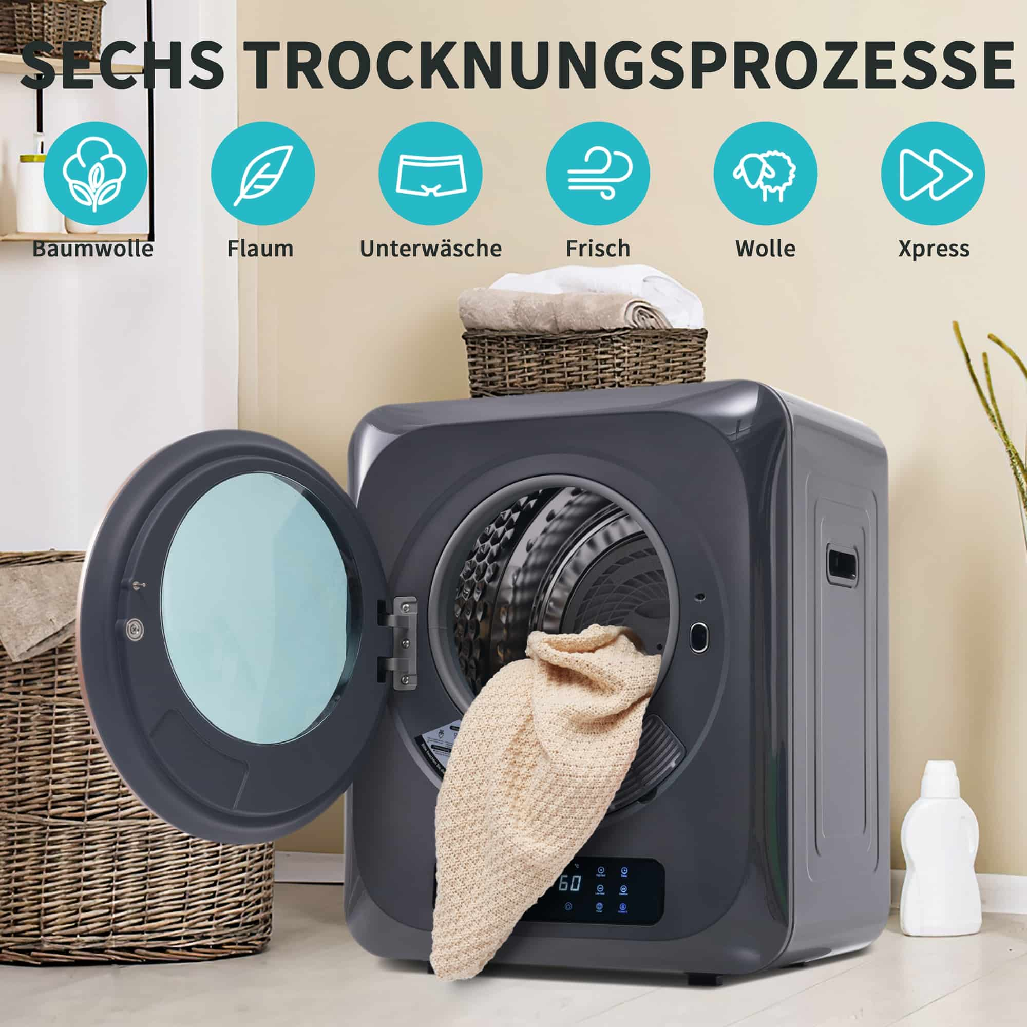 Ein grauer Trockner mit offener Tür, zeigt Wäsche und Symbole für Trockenprogramme.