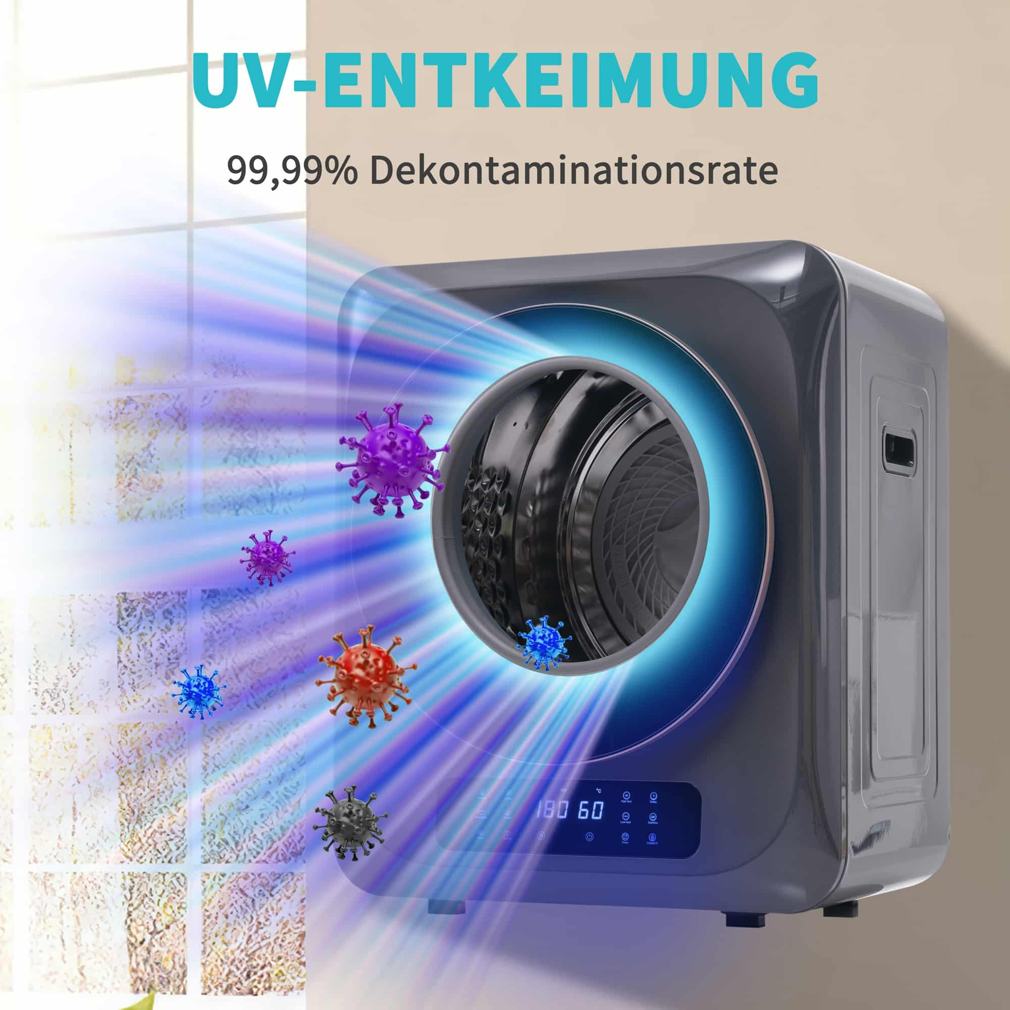 UV-Desinfektionsgerät, das Virusillustrationen und Lichter zeigt.