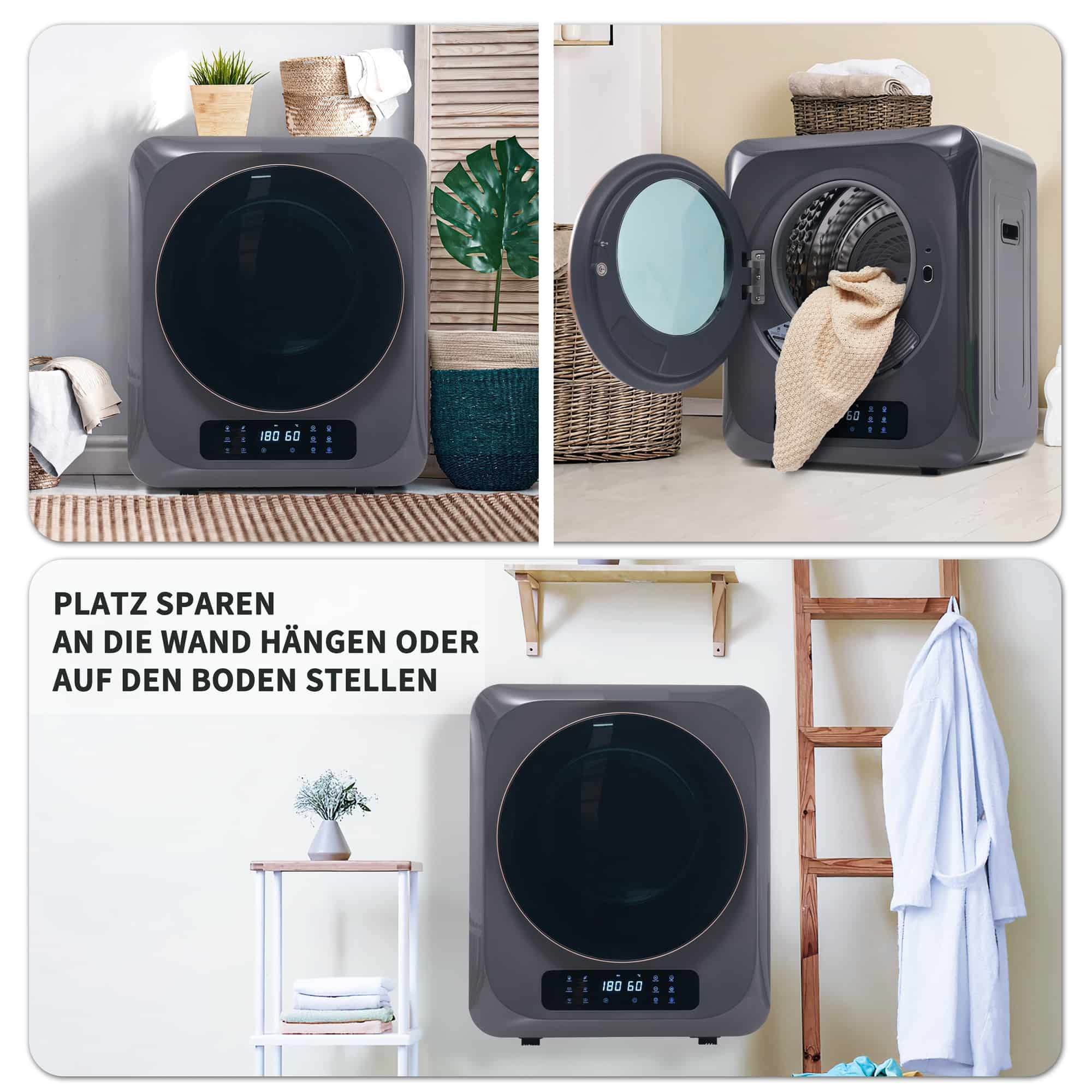 Waschmaschine mit offener Tür und eine Maschine an der Wand und am Boden.