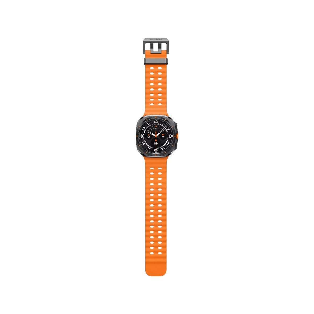 Un smartwatch negro con correa naranja, centrado sobre un fondo blanco.
