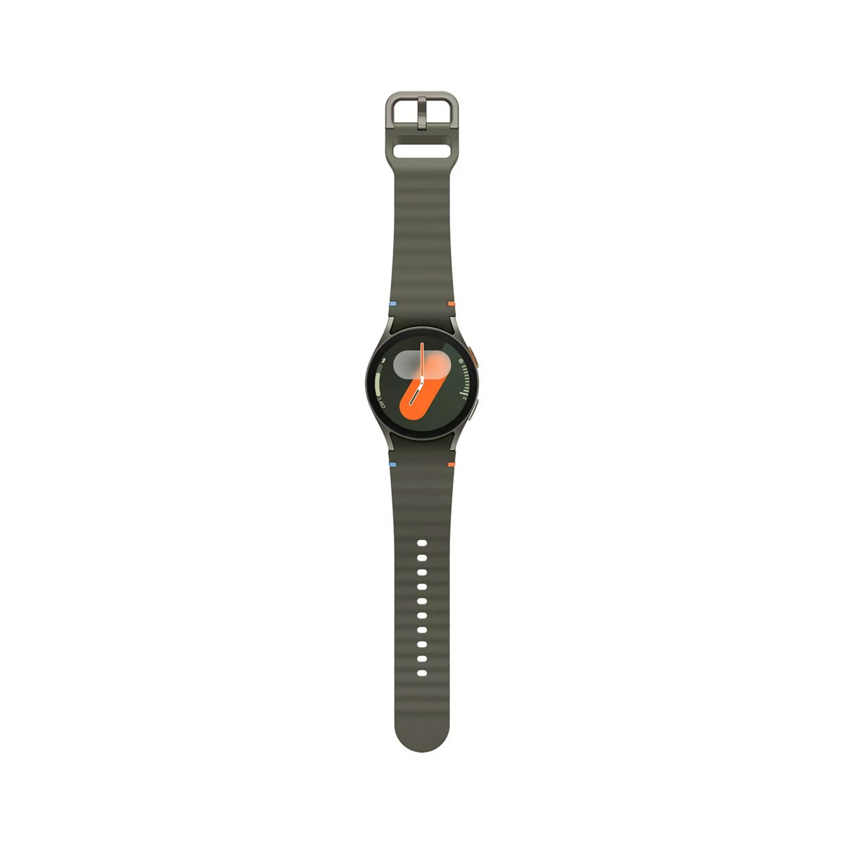 Smartwatch met een olijfgroene band, op een witte achtergrond. De wijzerplaat is zichtbaar.