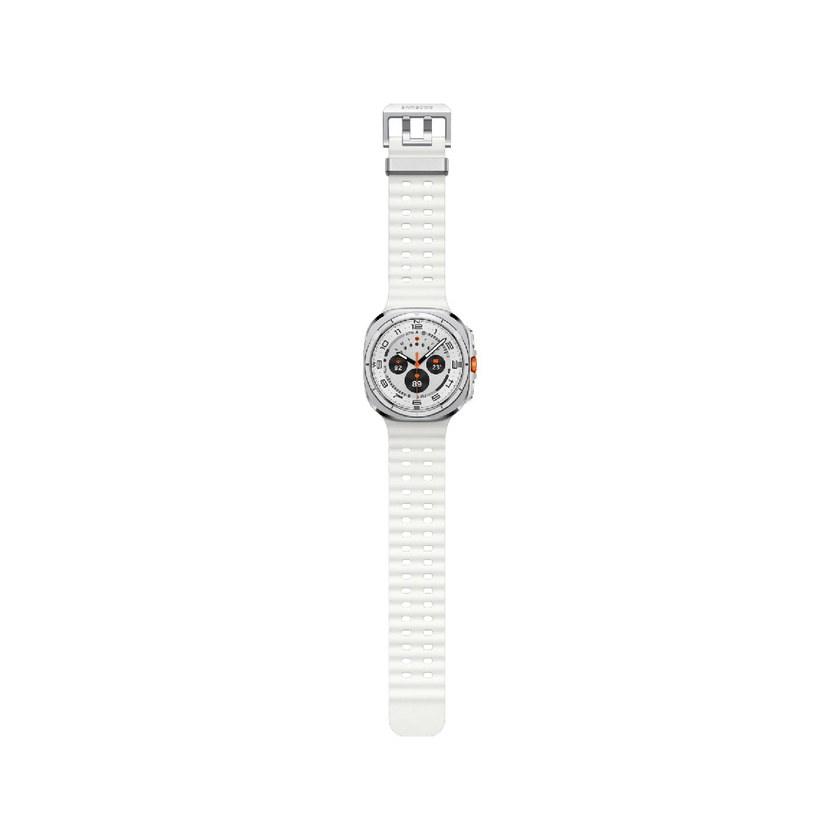 Witte smartwatch met een witte band. De wijzerplaat toont digitale displays en een zilveren rand.