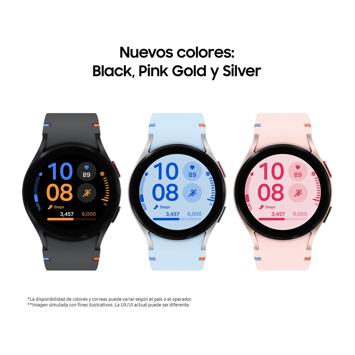 Tres smartwatches en negro, azul claro y oro rosa, con fondo blanco, mostrando pasos y tiempo.