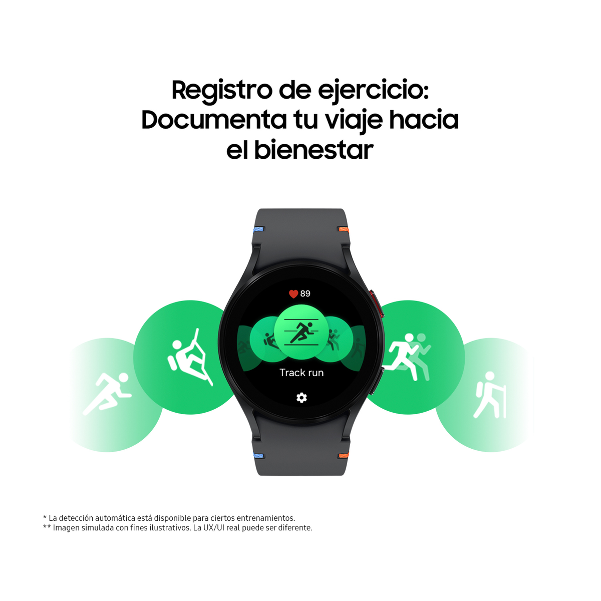 Smartwatch mostrando datos de ejercicio. Muestra un reloj con iconos de actividad. Correa negra.
