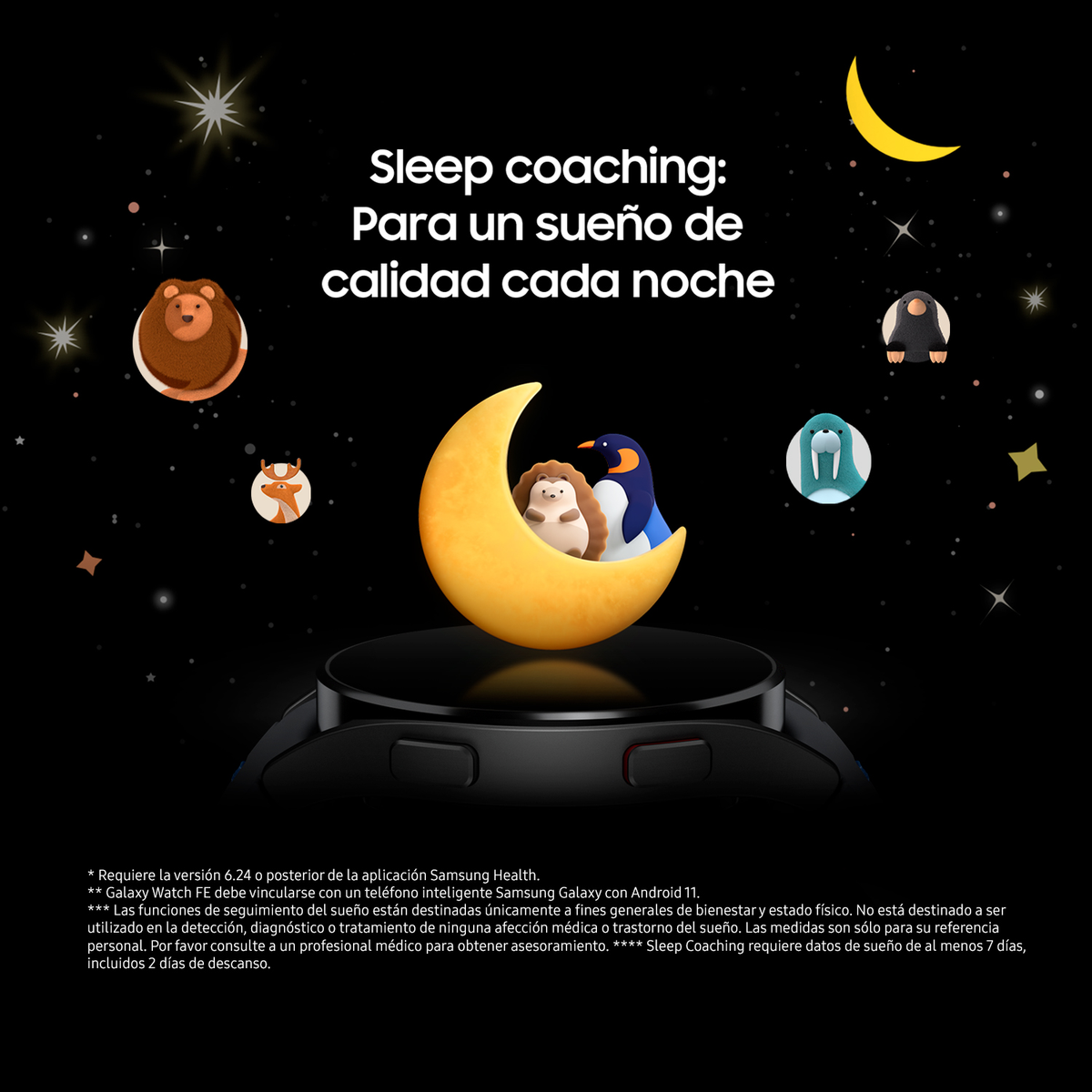 Reloj con luna y estrellas, promoviendo el asesoramiento del sueño con personajes de dibujos animados.