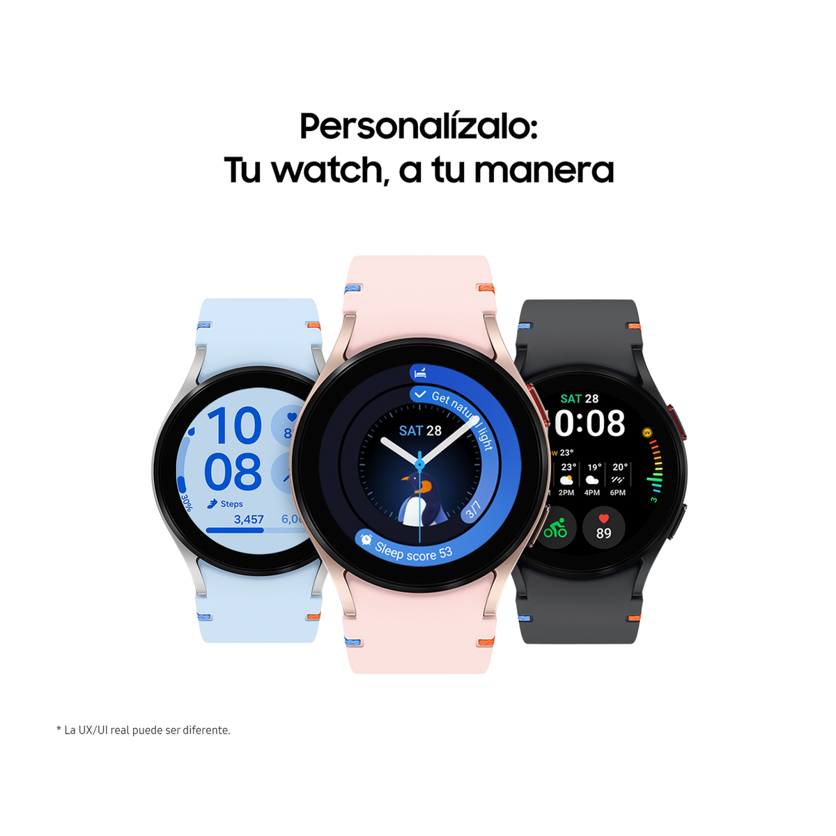 Tres smartwatches. Azul claro, rosa y negro, mostrando esferas.