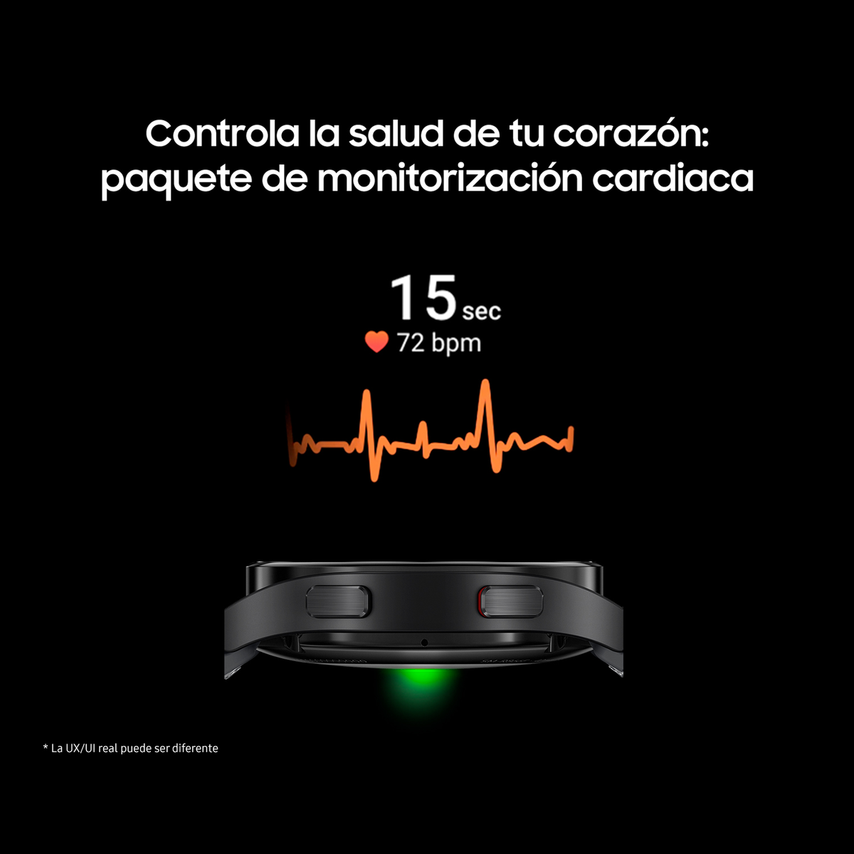 Un reloj inteligente que muestra un monitor de frecuencia cardíaca con texto y una forma de onda naranja.