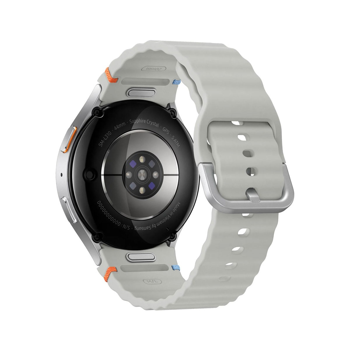 Retro di uno smartwatch argentato con cinturino bianco. Accenti arancioni e blu.