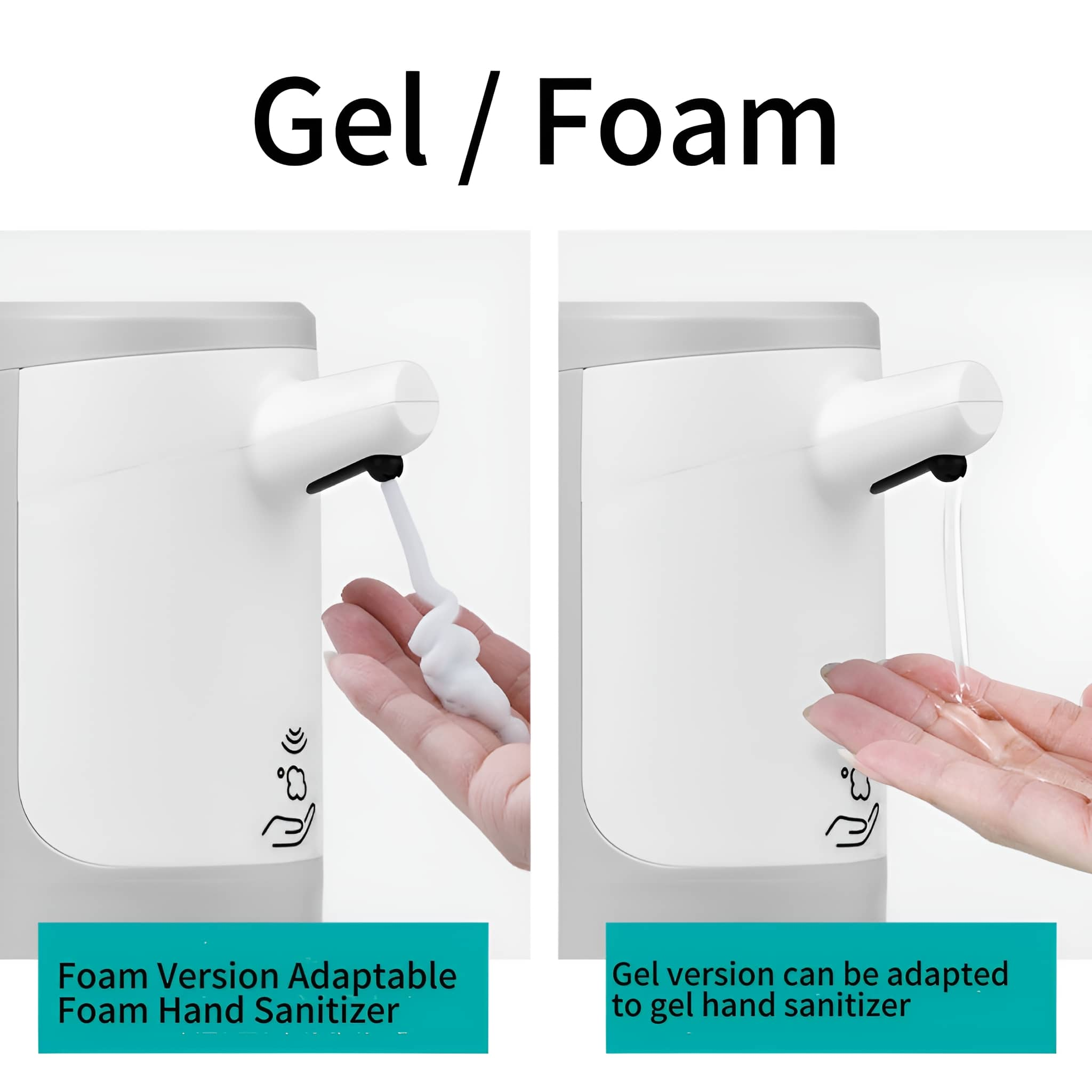 Zwei Händedesinfektionsmittelspender, einer für Schaum, der andere für Gel, mit Text.