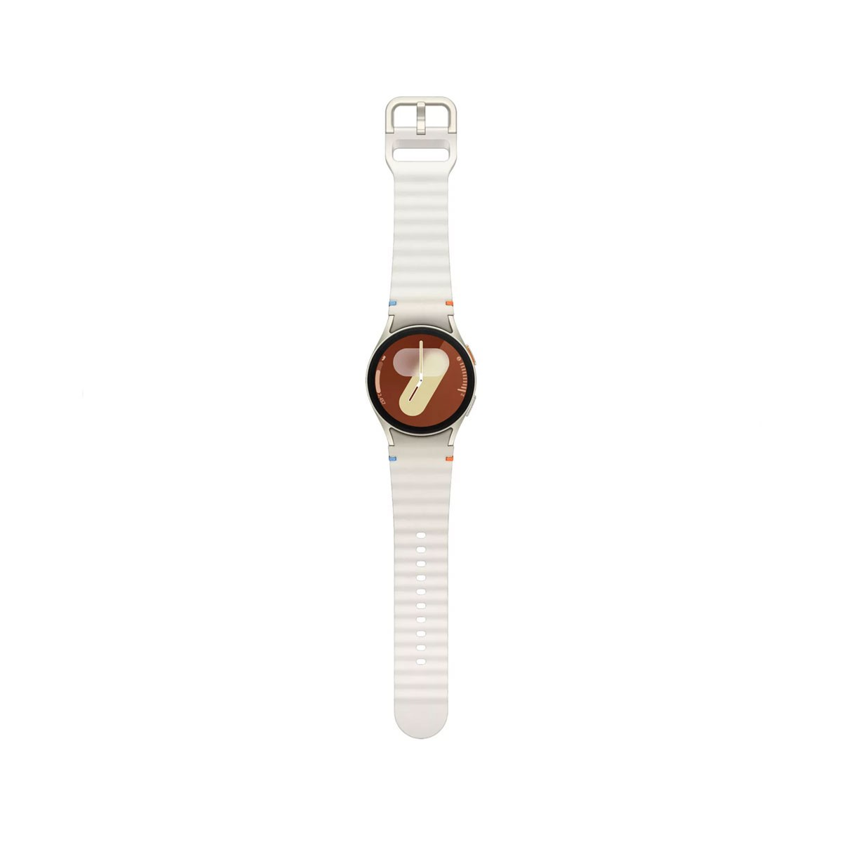 Eine weiße Smartwatch mit weißem Armband und braunem Display, isoliert auf weißem Hintergrund.