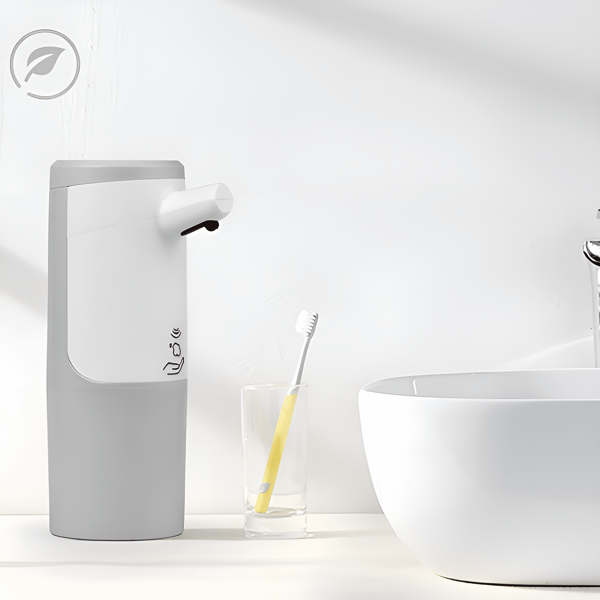 Weißer und grauer Seifenspender, Zahnbürste und Glas an einem weißen Waschbecken.