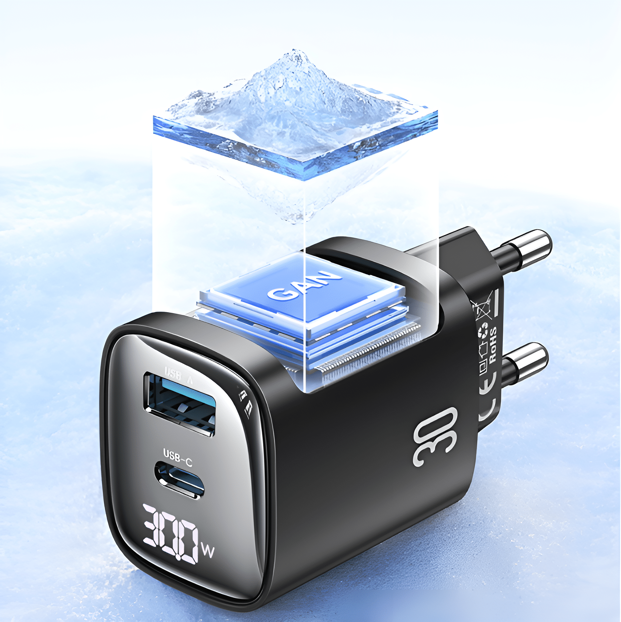 Schwarzes Ladegerät mit zwei USB-Anschlüssen und einem Display mit 300W. Eis vorhanden.