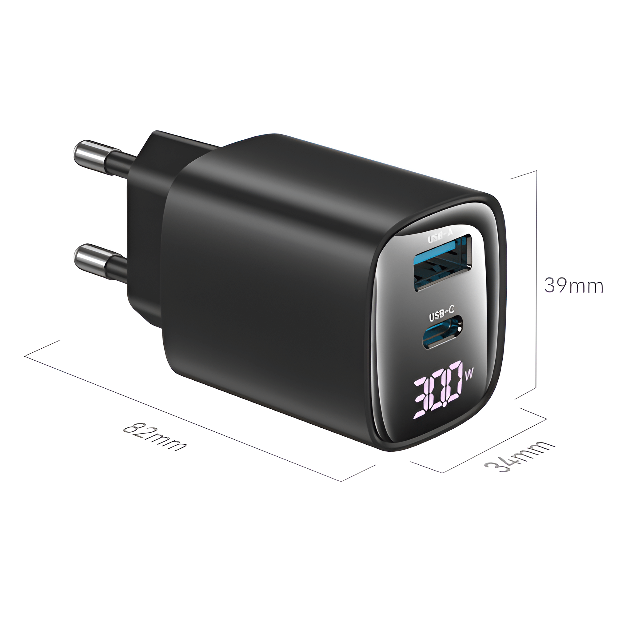Schwarzes USB-Ladegerät mit USB- und USB-C-Anschlüssen. Digitalanzeige zeigt 30W. Abmessungen: 82x34x39mm.