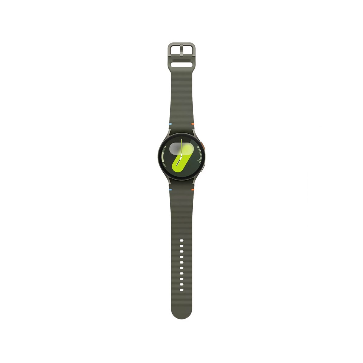 Een olijfgroene Samsung Galaxy smartwatch met een groene band, weergegeven op een witte achtergrond.