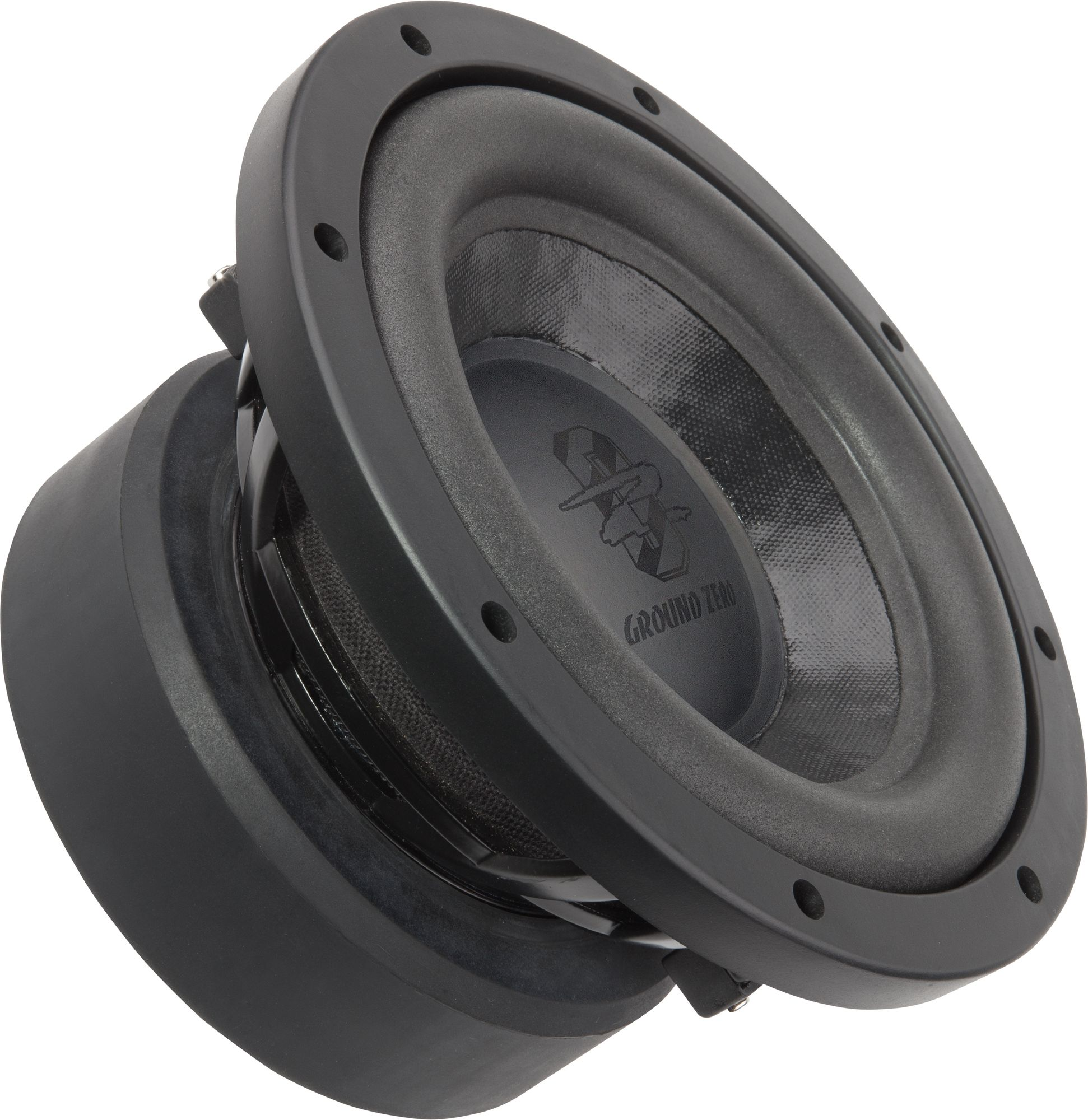 Altoparlante subwoofer nero, vista laterale. Logo Ground Zero visibile.