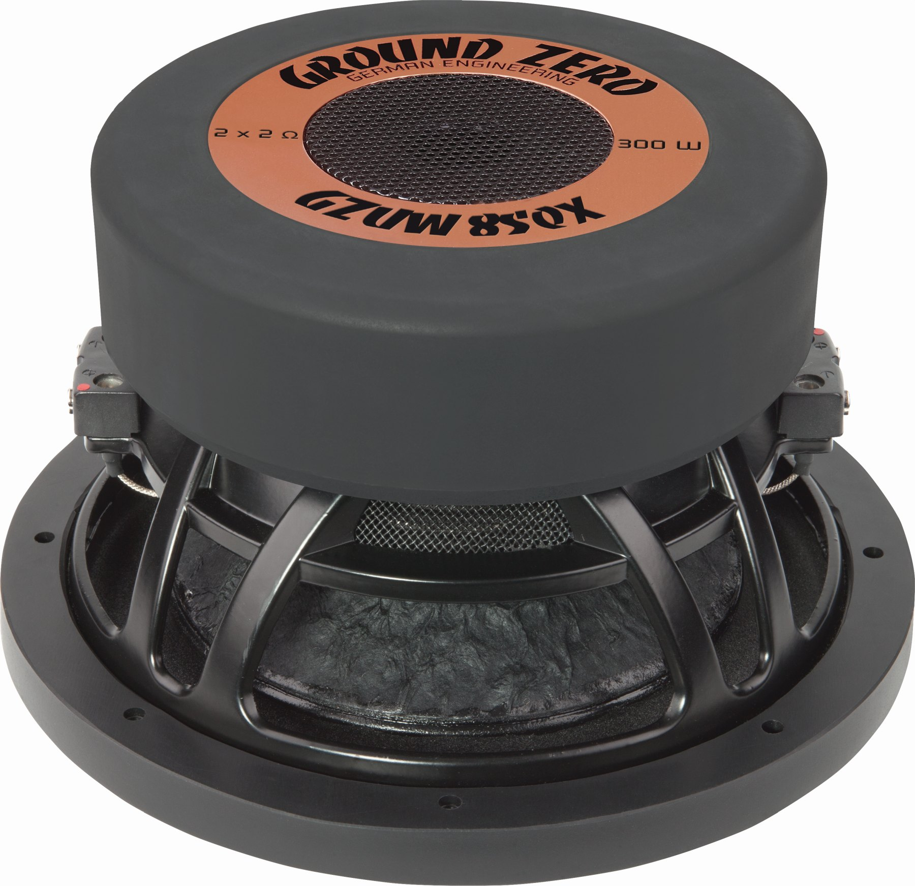 Subwoofer audio per auto nero con altoparlante grande e griglia nera, etichetta arancione.