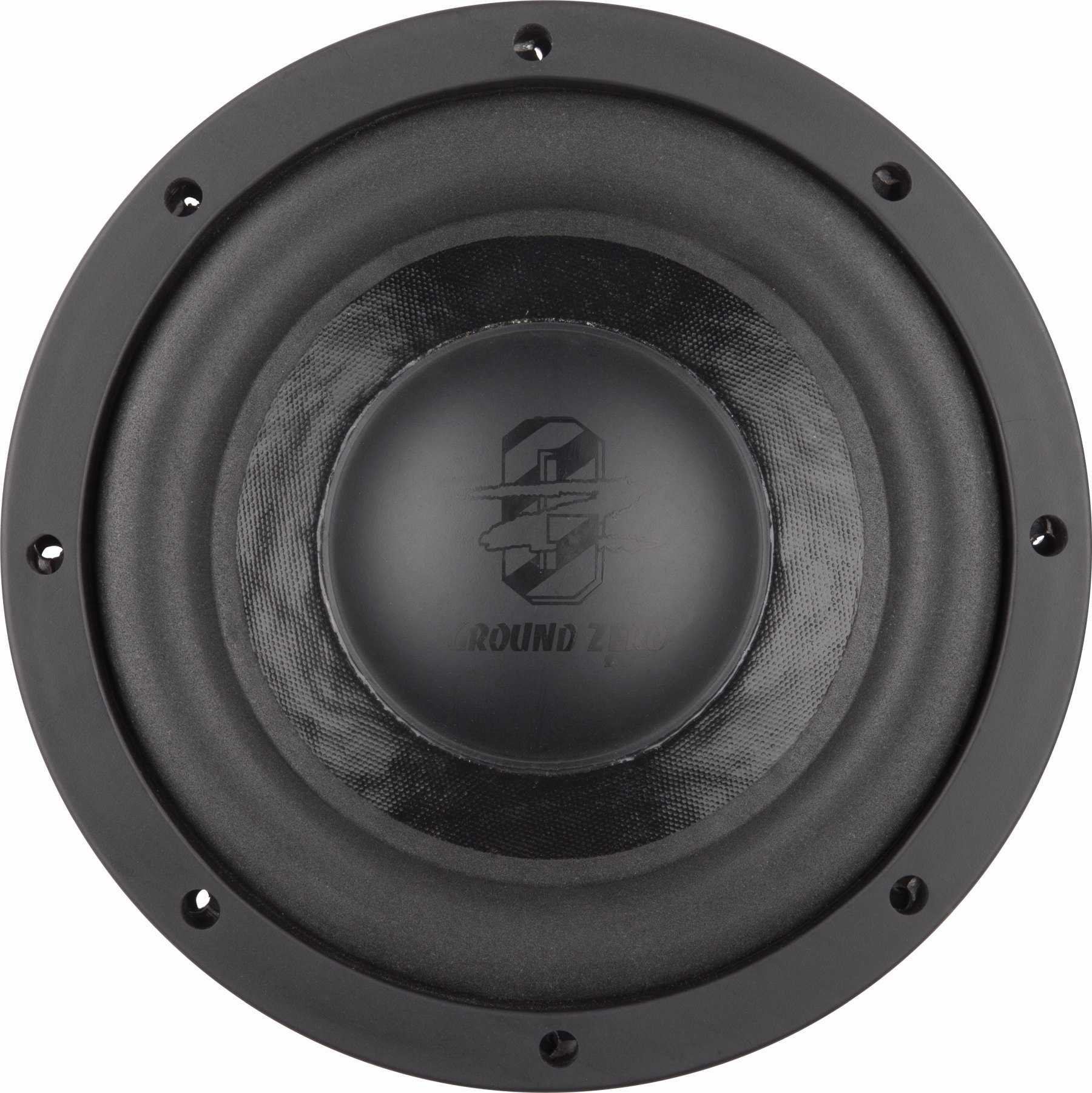 Un subwoofer nero con una copertura in rete nera e un centro nero con il nome del marchio stampato.