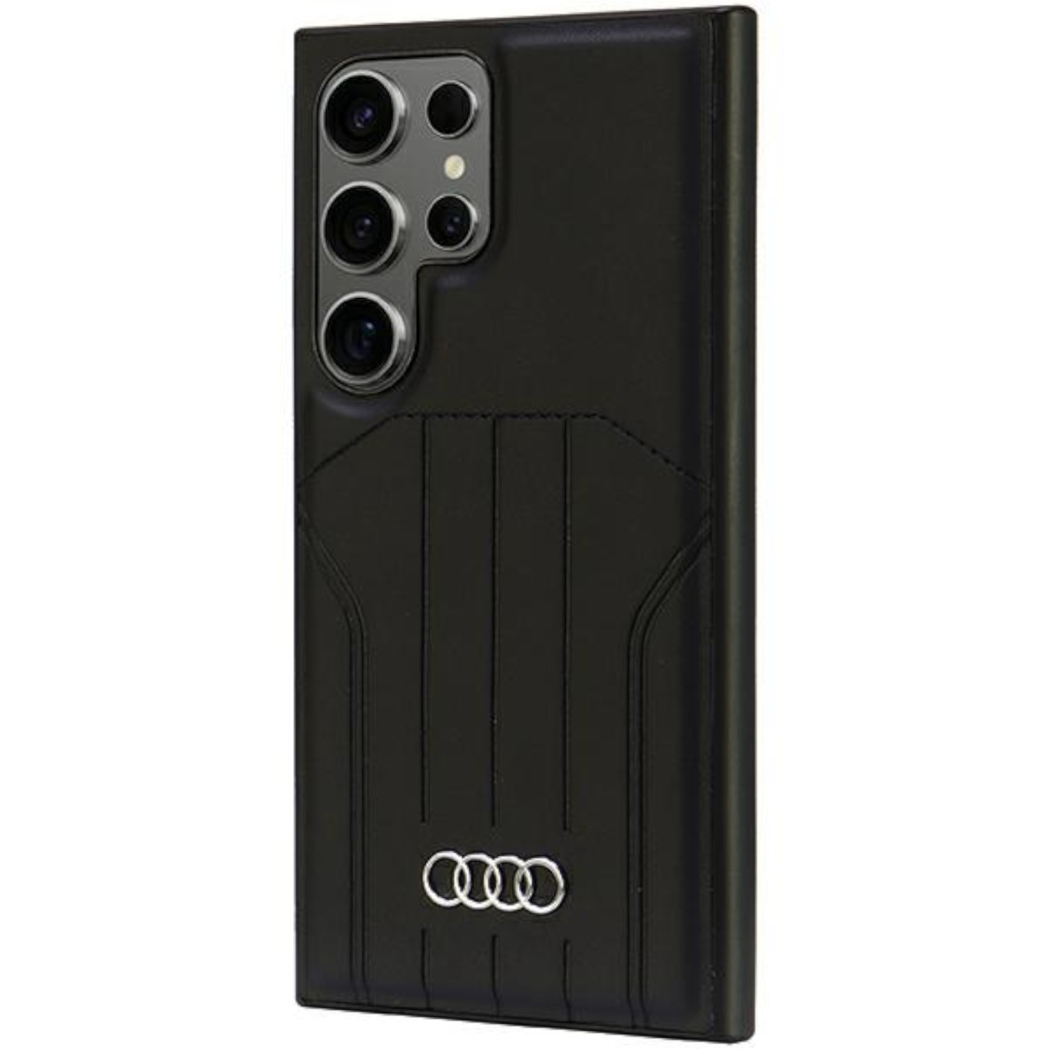 Custodia nera per telefono con logo Audi. Presenta ritagli per la fotocamera. Pelle nera con logo Audi argentato.