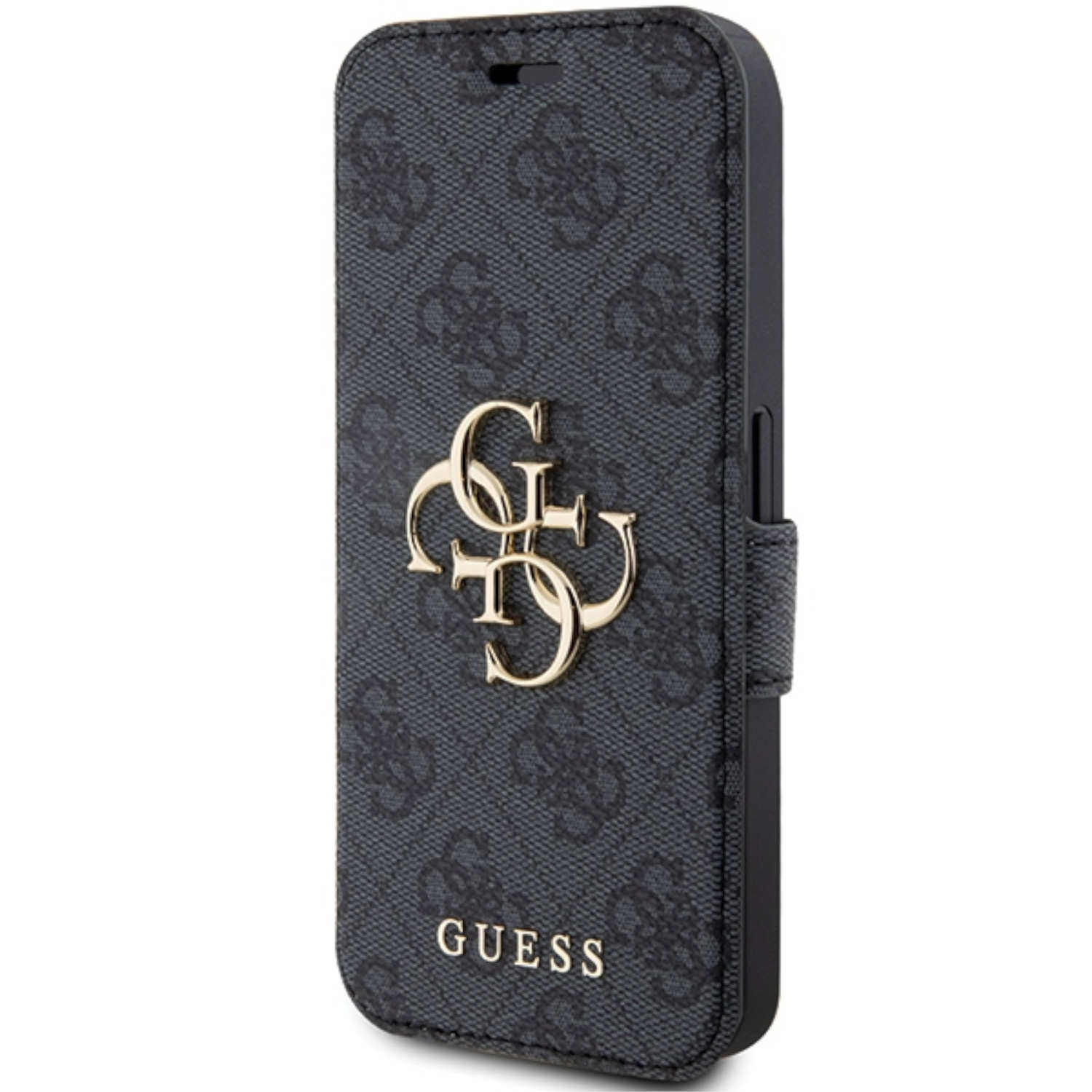 Custodia per telefono Guess grigio scuro con logo dorato e cinturino.