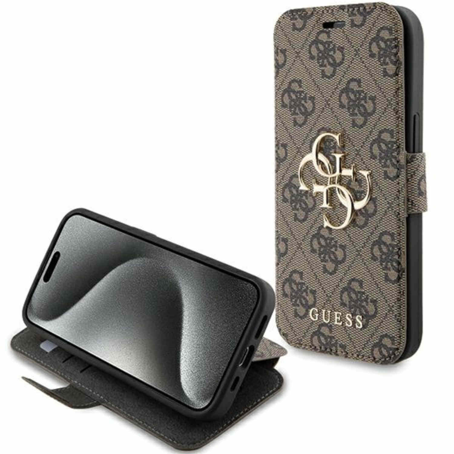 Custodia per telefono con design Guess marrone. Telefono aperto con schermo. Custodia verticale con logo.