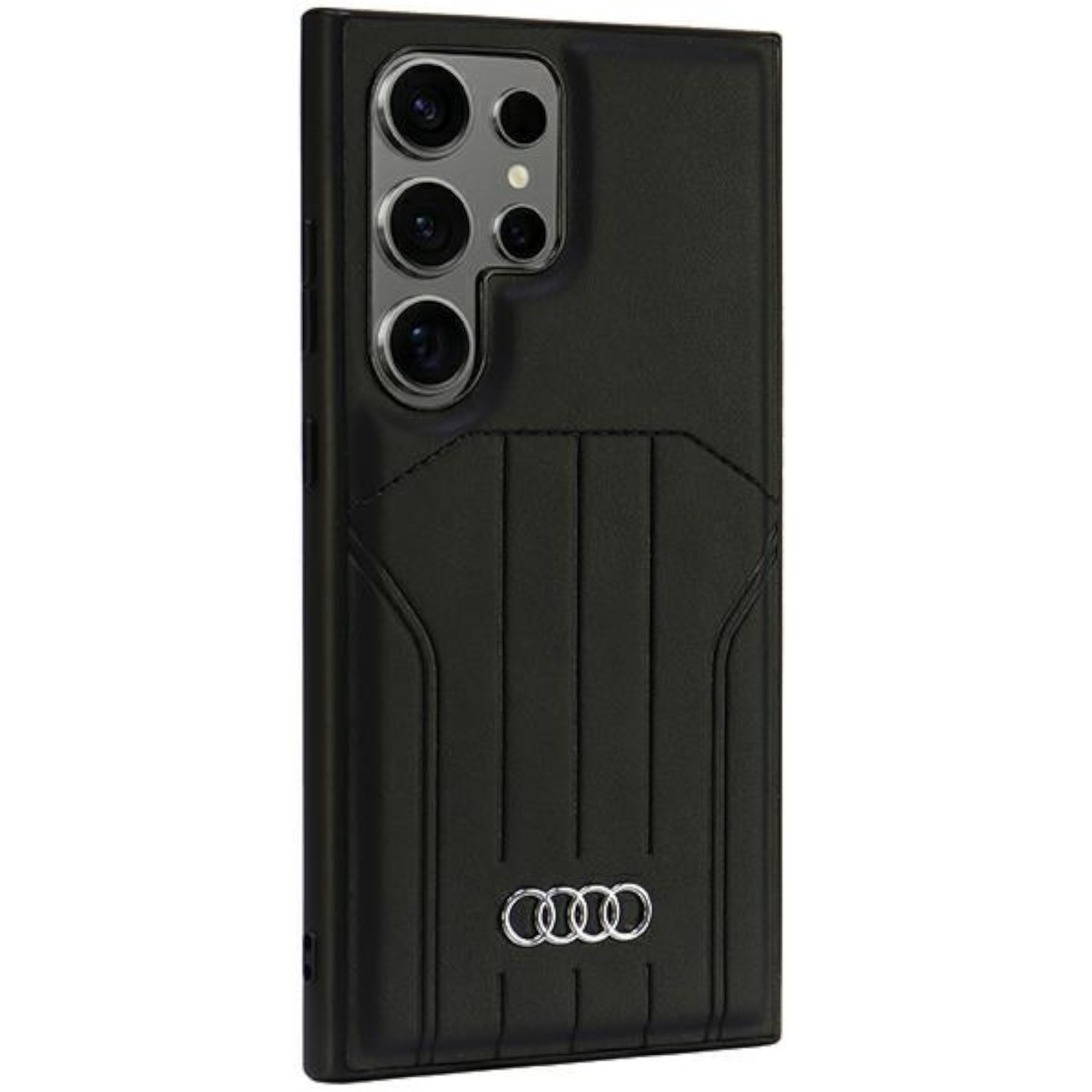 Custodia per telefono nera con il logo Audi e più lenti della fotocamera.