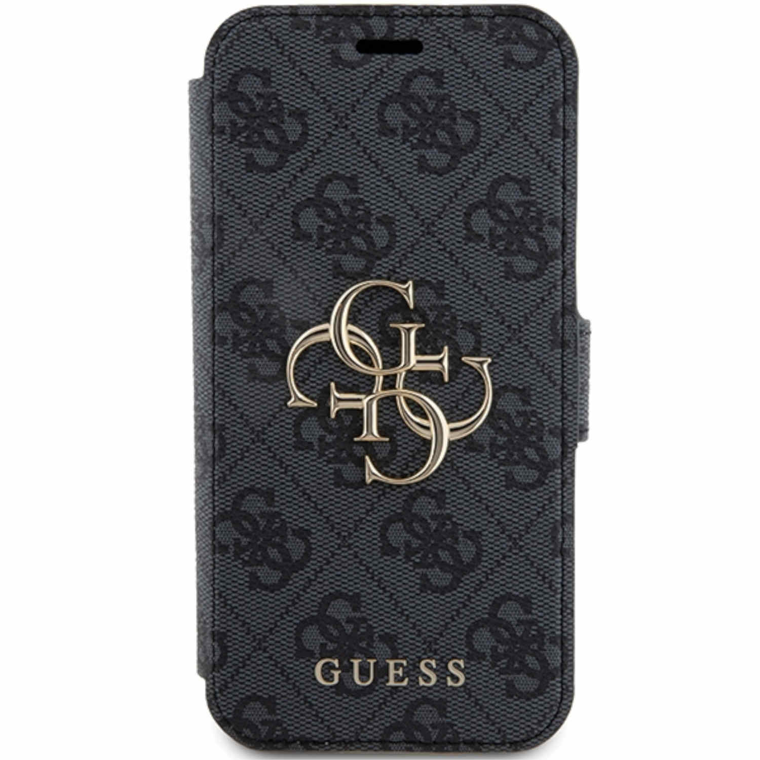 Custodia per telefono Guess grigio scuro con logo. È chiusa con un logo Guess dorato sul davanti.
