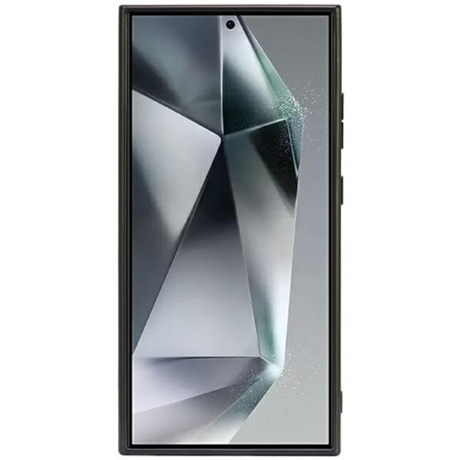 Uno smartphone nero con un design argentato unico, visto frontalmente.