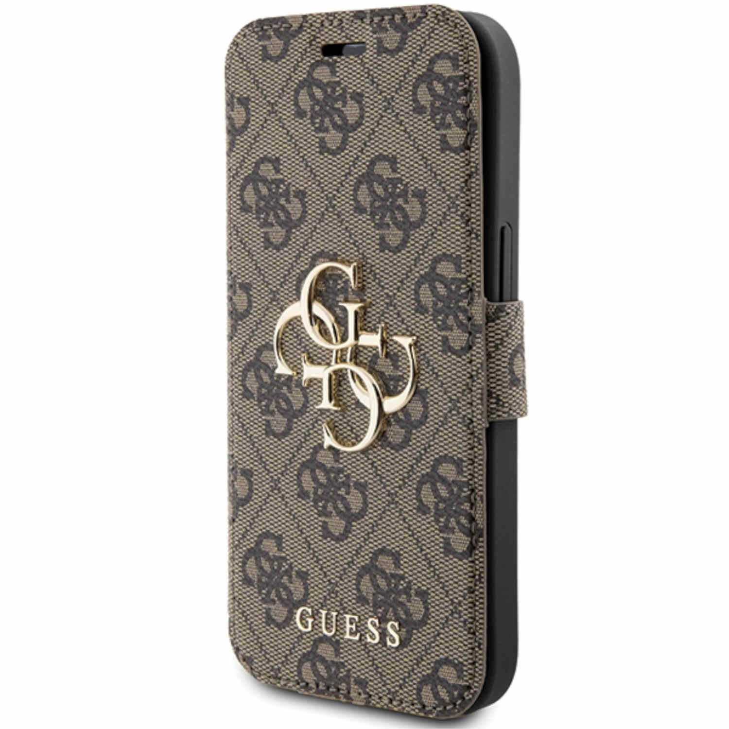 Custodia per telefono con motivo logo marrone e logo dorato. Interno nero.