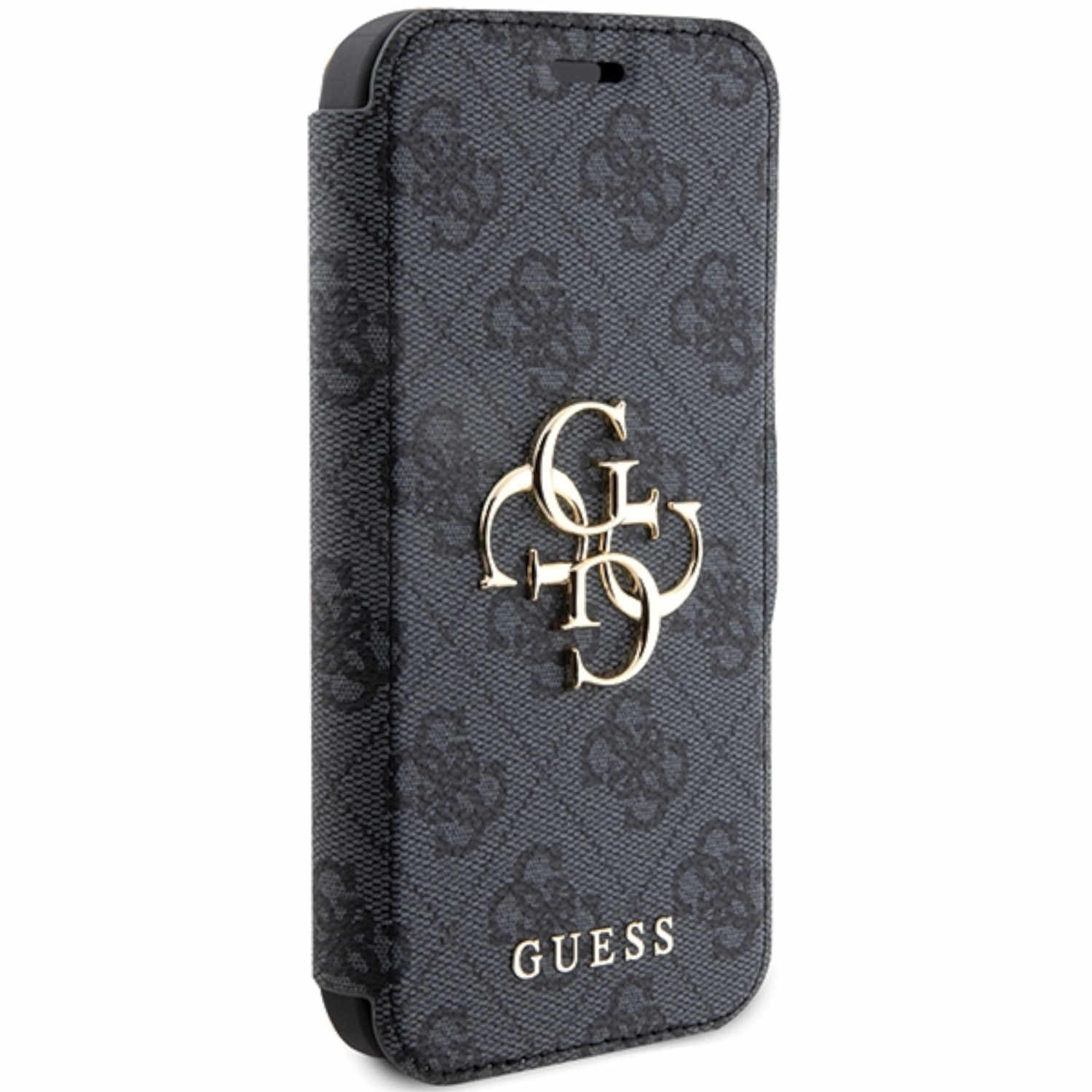 Una custodia Guess nera e grigia. La custodia ha un logo Guess dorato e un motivo strutturato.