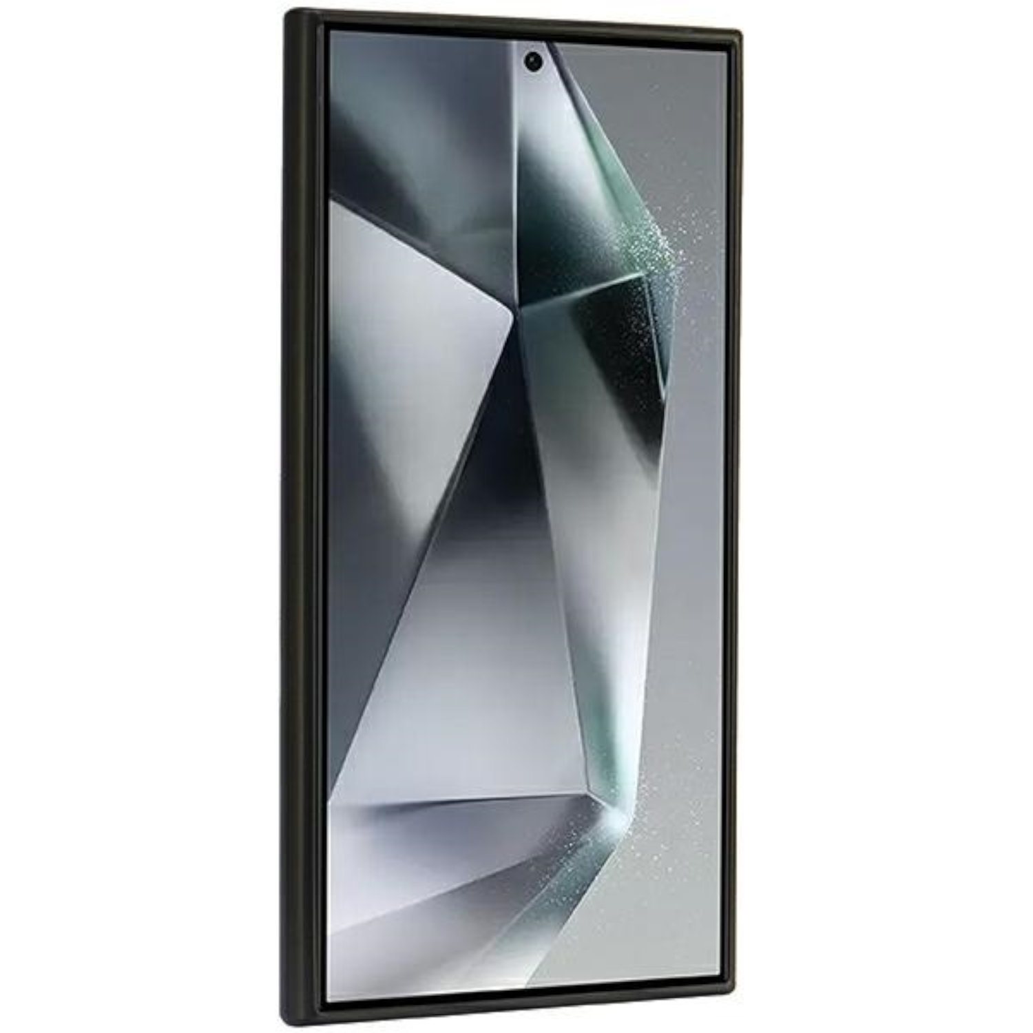 Uno schermo rettangolare nero con una fotocamera e un design geometrico di sfondo in tonalità di grigio.