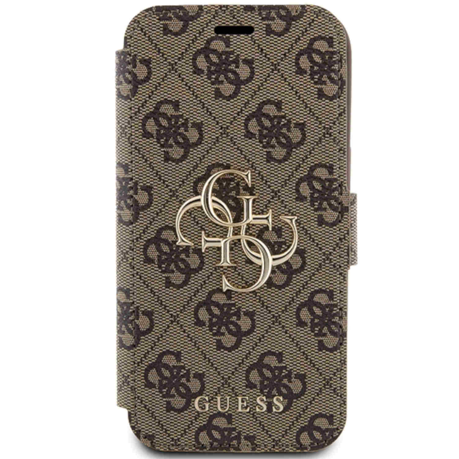 Custodia per telefono marrone con logo Guess. La custodia è chiusa. Sfondo a fantasia.
