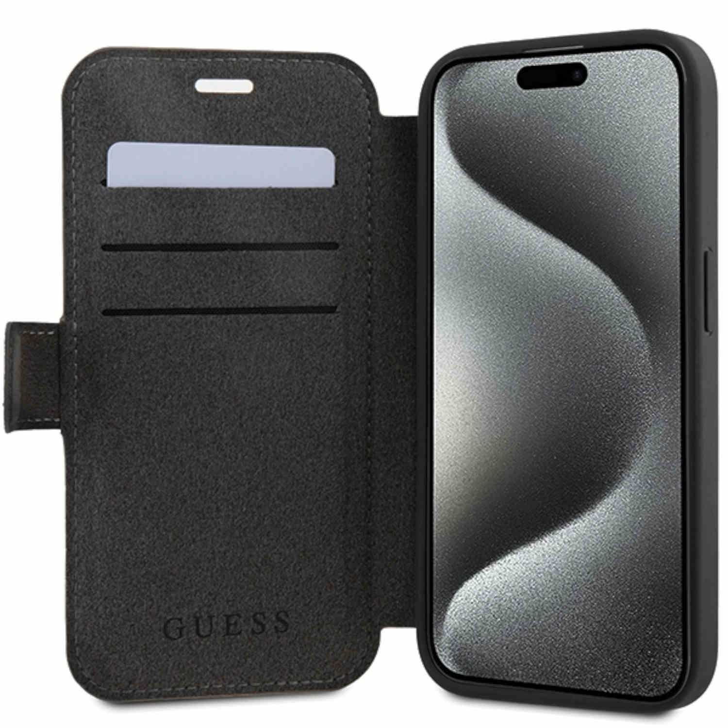 Custodia nera per telefono con telefono all'interno. La custodia ha uno slot per carte ed è aperta.