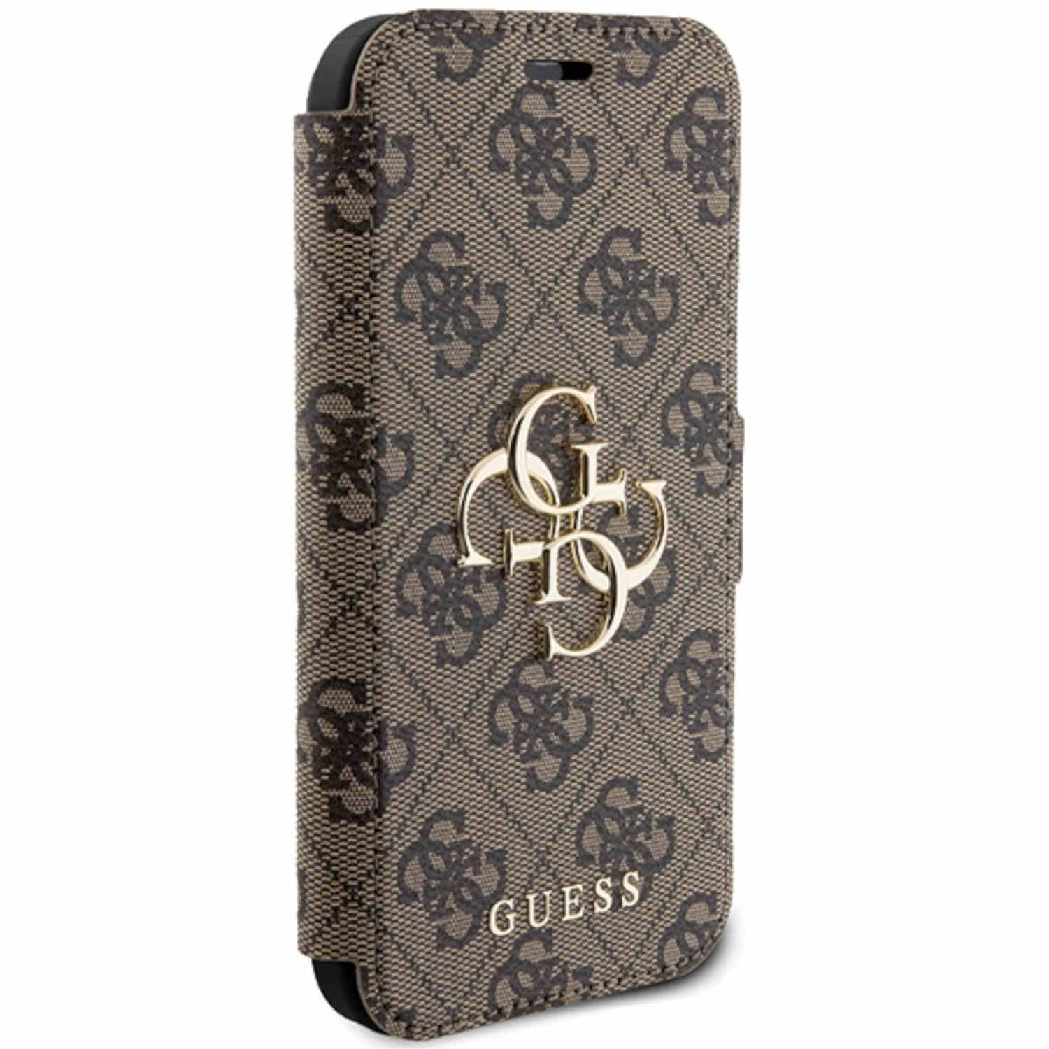 Custodia per telefono Guess marrone con logo dorato su sfondo bianco.