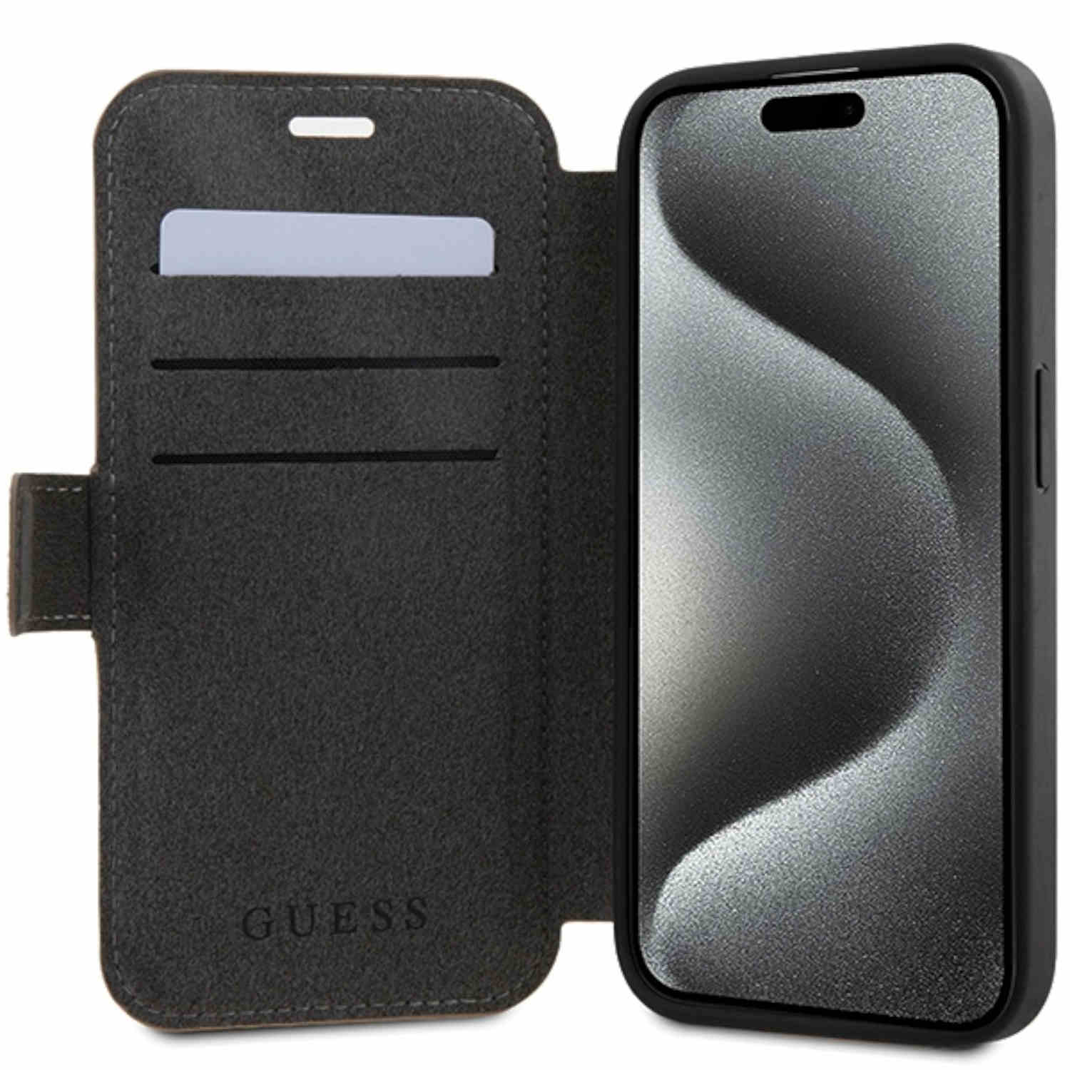Una custodia per telefono Guess nera, aperta per rivelare slot per schede e un telefono con schermo curvo.
