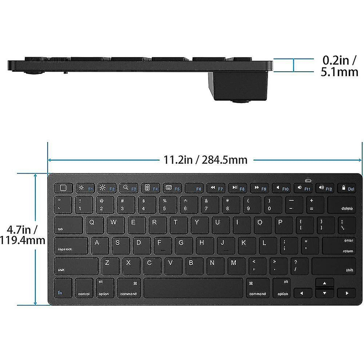 Eine schwarze Tastatur mit angegebenen Abmessungen. 11,2 Zoll/284,5 mm lang, 4,7 Zoll/119,4 mm hoch, 0,2 Zoll/5,1 mm dick.