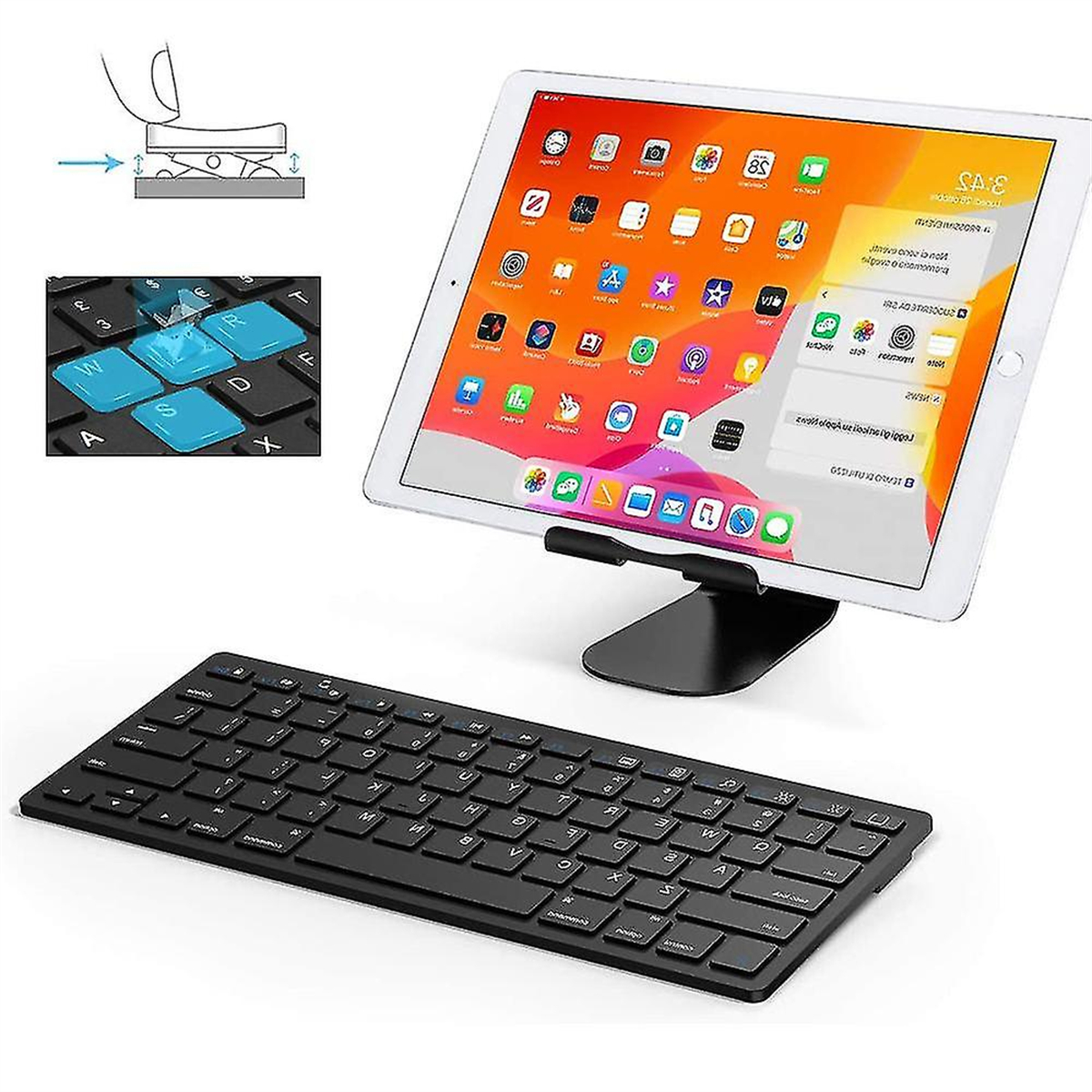 Ein iPad auf einem Ständer und eine schwarze Tastatur werden gezeigt. Das iPad zeigt eine Oberfläche.
