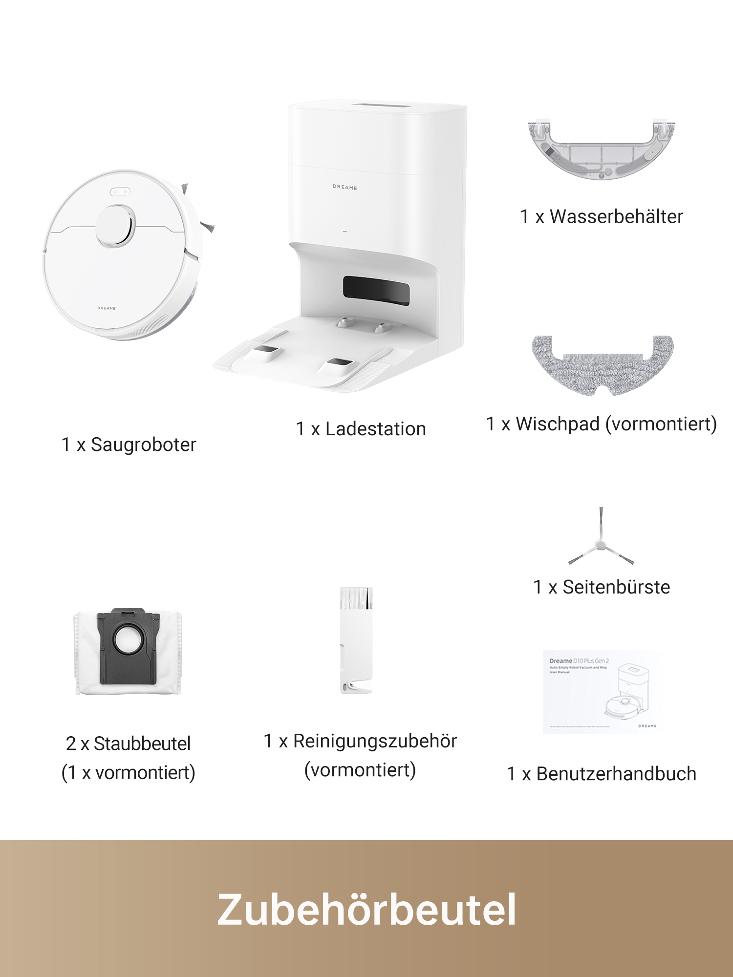 Staubsaugerteile, darunter ein Saugroboter, Reinigungszubehör und ein Staubbeutel.