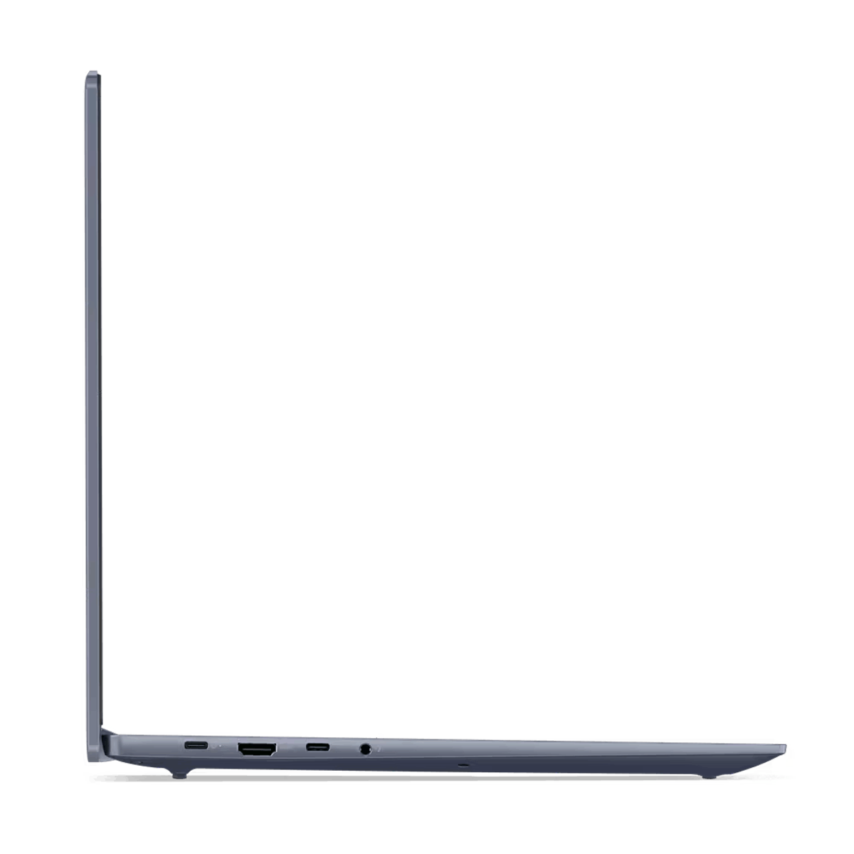 Vista de perfil de portátil, mostrando el lado con puertos y diseño delgado.