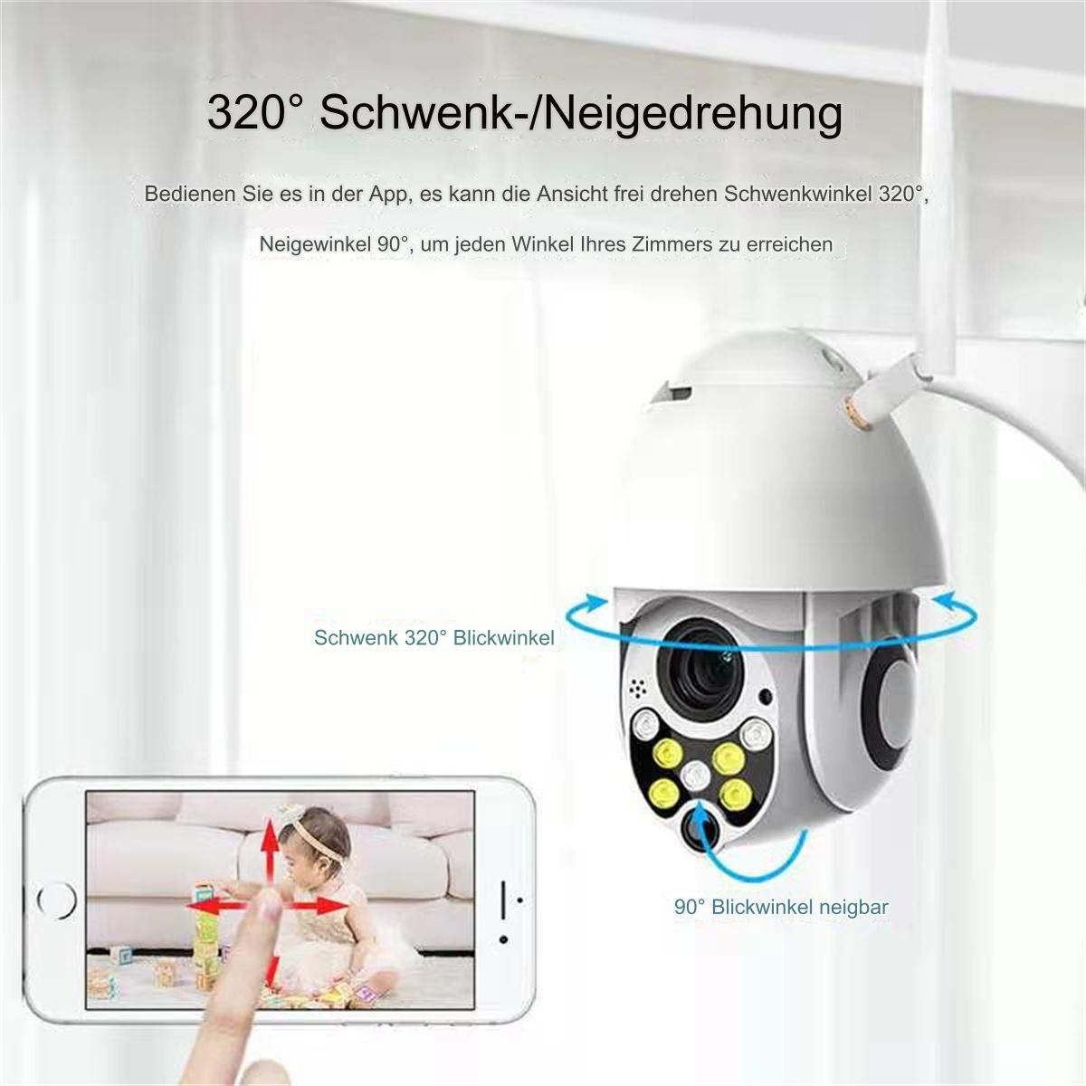 Eine Sicherheitskamera mit weißer Kuppelform, ein Smartphone mit einem Bild und Text auf Deutsch.