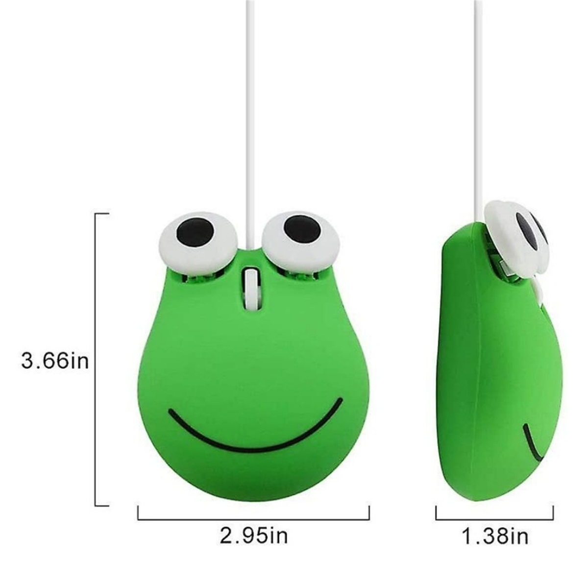 Eine grüne froschförmige Computermaus. Sie hat große Augen und ein Lächeln. Abmessungen sind angegeben.