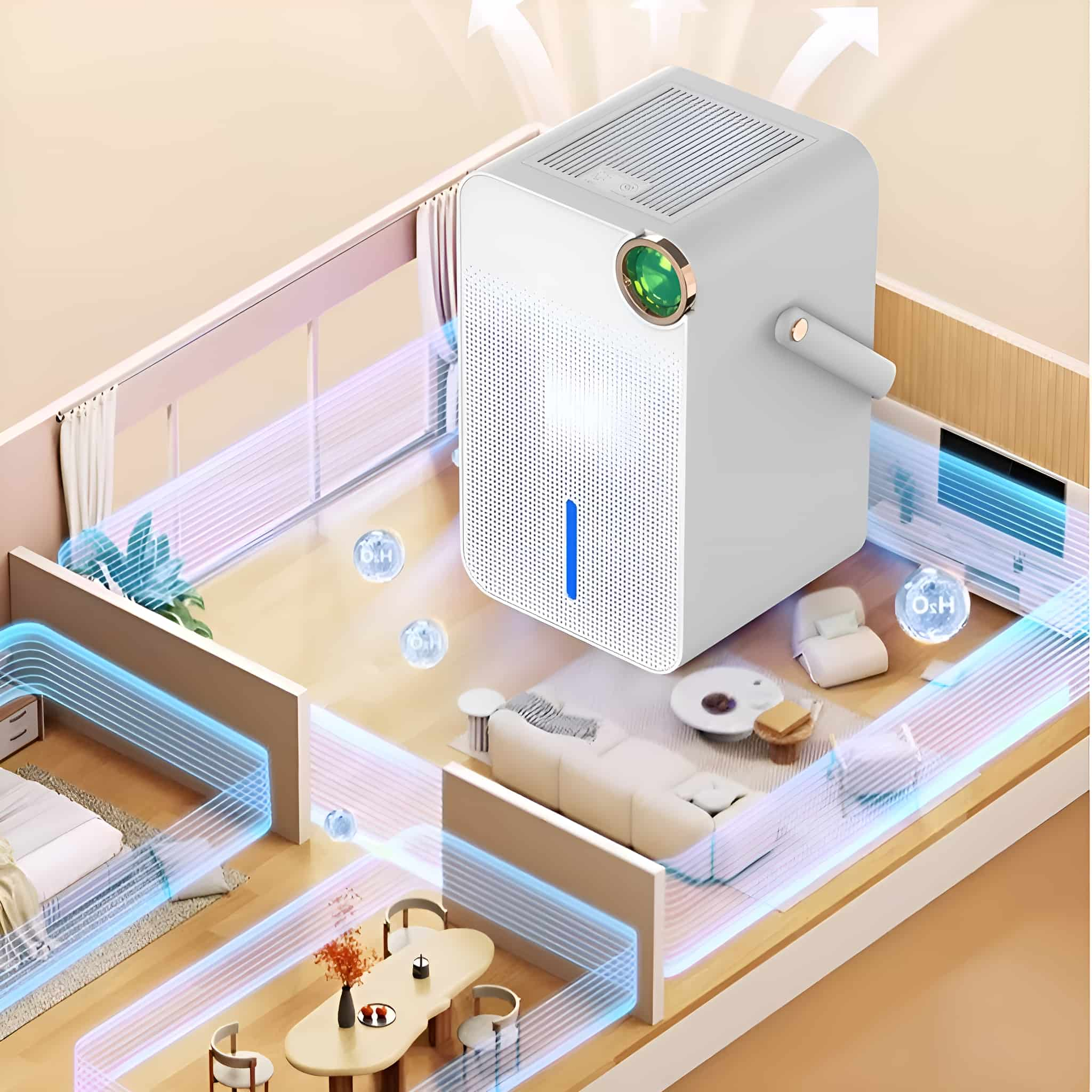 Ein Luftreiniger in einem modernen Wohnzimmer, mit Luftstromlinien und Möbeln sichtbar.