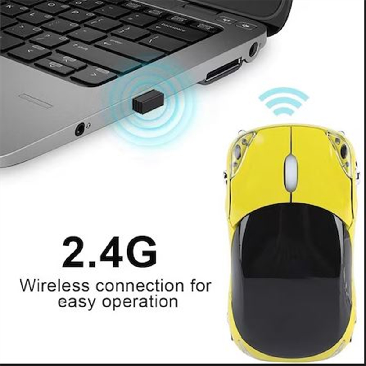 Eine gelb-schwarze, auto-förmige, kabellose Maus neben einem Laptop mit 2,4G-Funkverbindung.