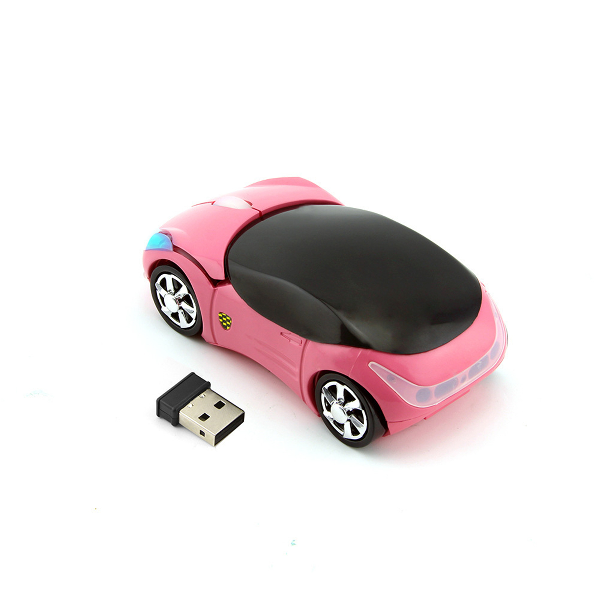 Rosa spielzeugförmige Computermaus mit schwarzem Oberteil und USB-Empfänger auf weißem Hintergrund.