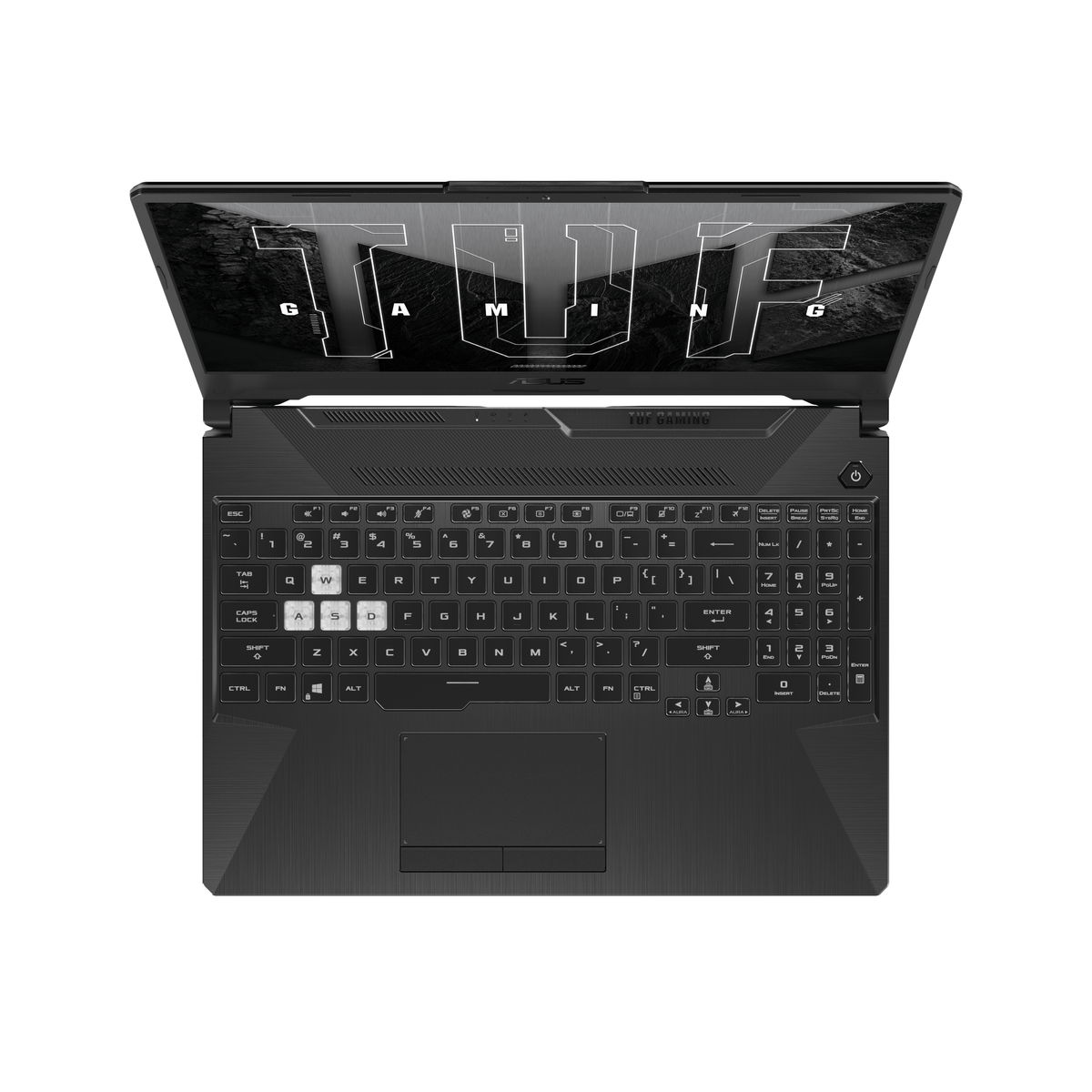 Czarny laptop z otwartą klawiaturą i panelem dotykowym, widok z góry, białe tło.