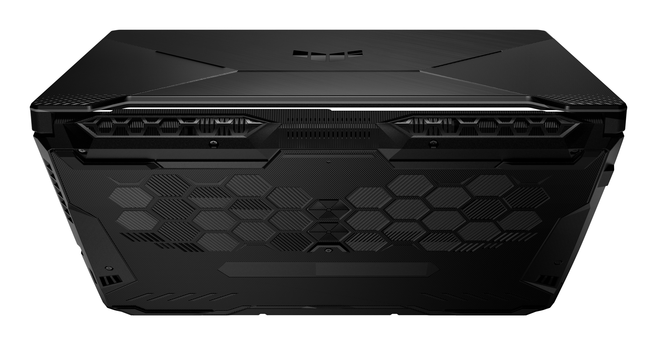 Czarny spód laptopa z geometrycznym wzorem i otworami wentylacyjnymi. Zawiera logo ASUS TUF.